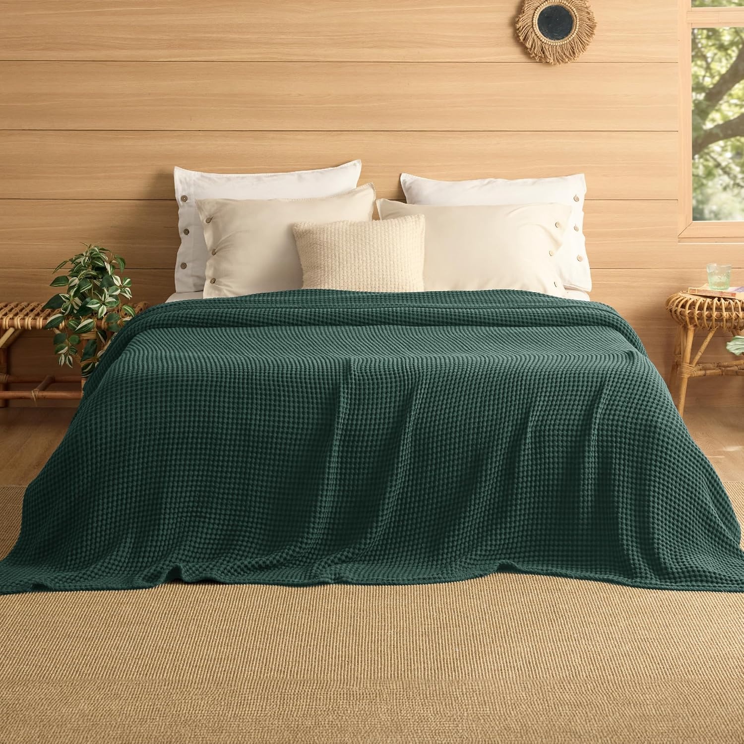 image:imageBedsure Lightweight 100 Cotton Waffle Blanket Twin XL Linen Summer Breathable Soft Light Thin Bed Couch Sofa Chair 66x90 Sheet Blanket Dorm Room Essentials Guys GirlsDark Green