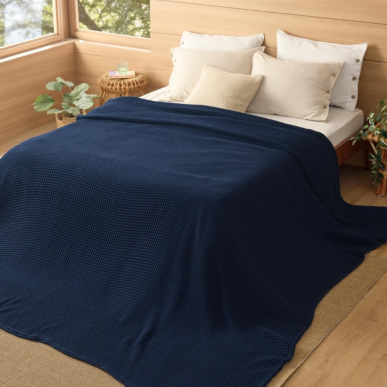 image:imageBedsure Lightweight 100 Cotton Waffle Blanket Twin XL Linen Summer Breathable Soft Light Thin Bed Couch Sofa Chair 66x90 Sheet Blanket Dorm Room Essentials Guys GirlsNavy Blue