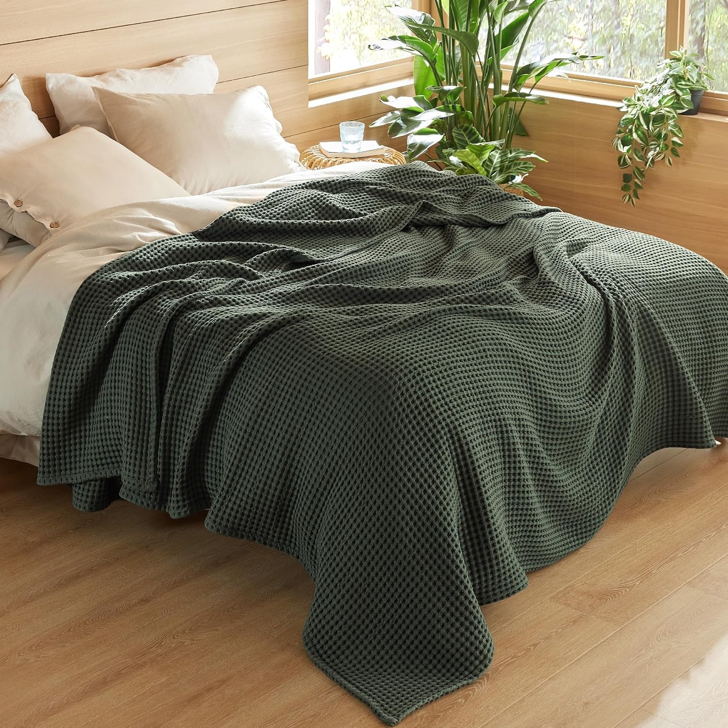 image:imageBedsure Lightweight 100 Cotton Waffle Blanket Twin XL Linen Summer Breathable Soft Light Thin Bed Couch Sofa Chair 66x90 Sheet Blanket Dorm Room Essentials Guys GirlsOlive Green