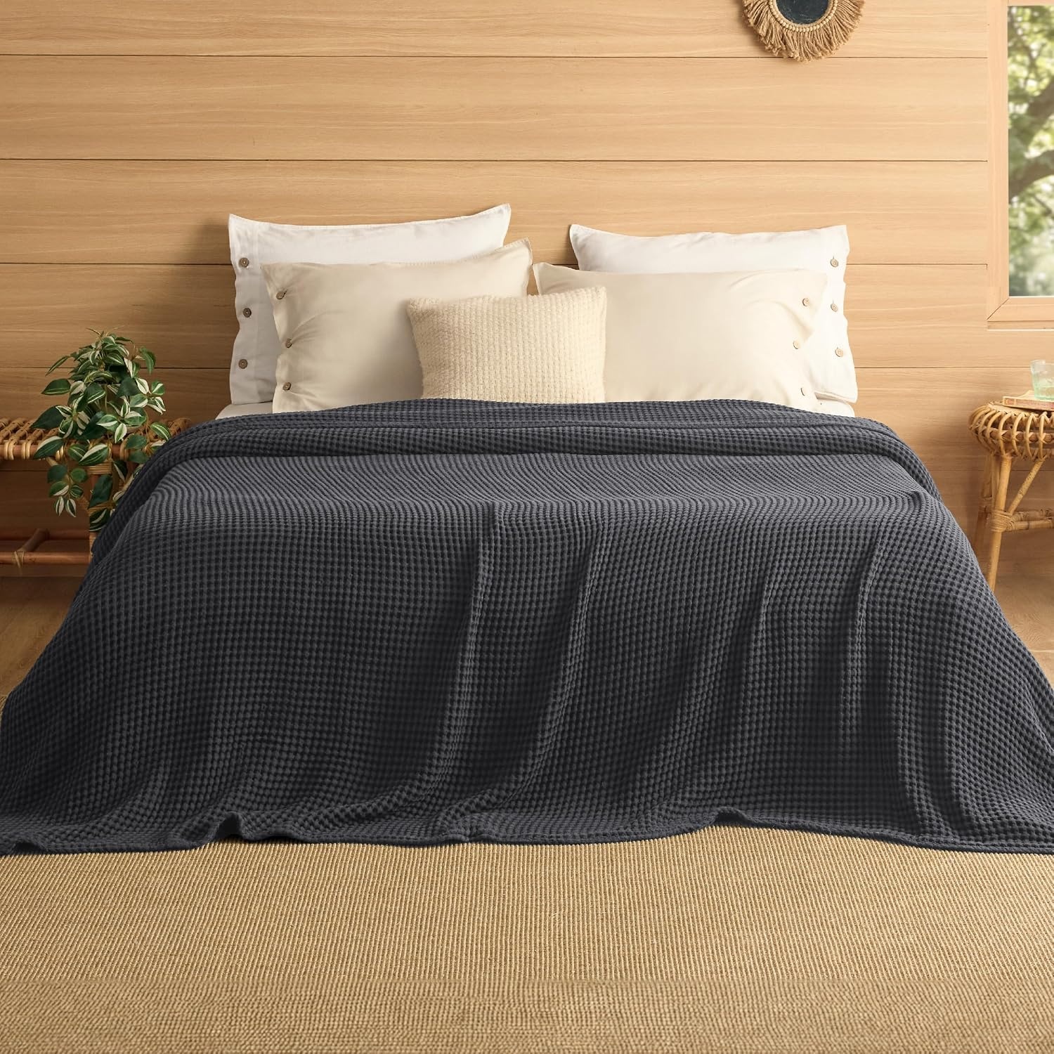 image:imageBedsure Lightweight 100 Cotton Waffle Blanket Twin XL Linen Summer Breathable Soft Light Thin Bed Couch Sofa Chair 66x90 Sheet Blanket Dorm Room Essentials Guys GirlsDark Grey