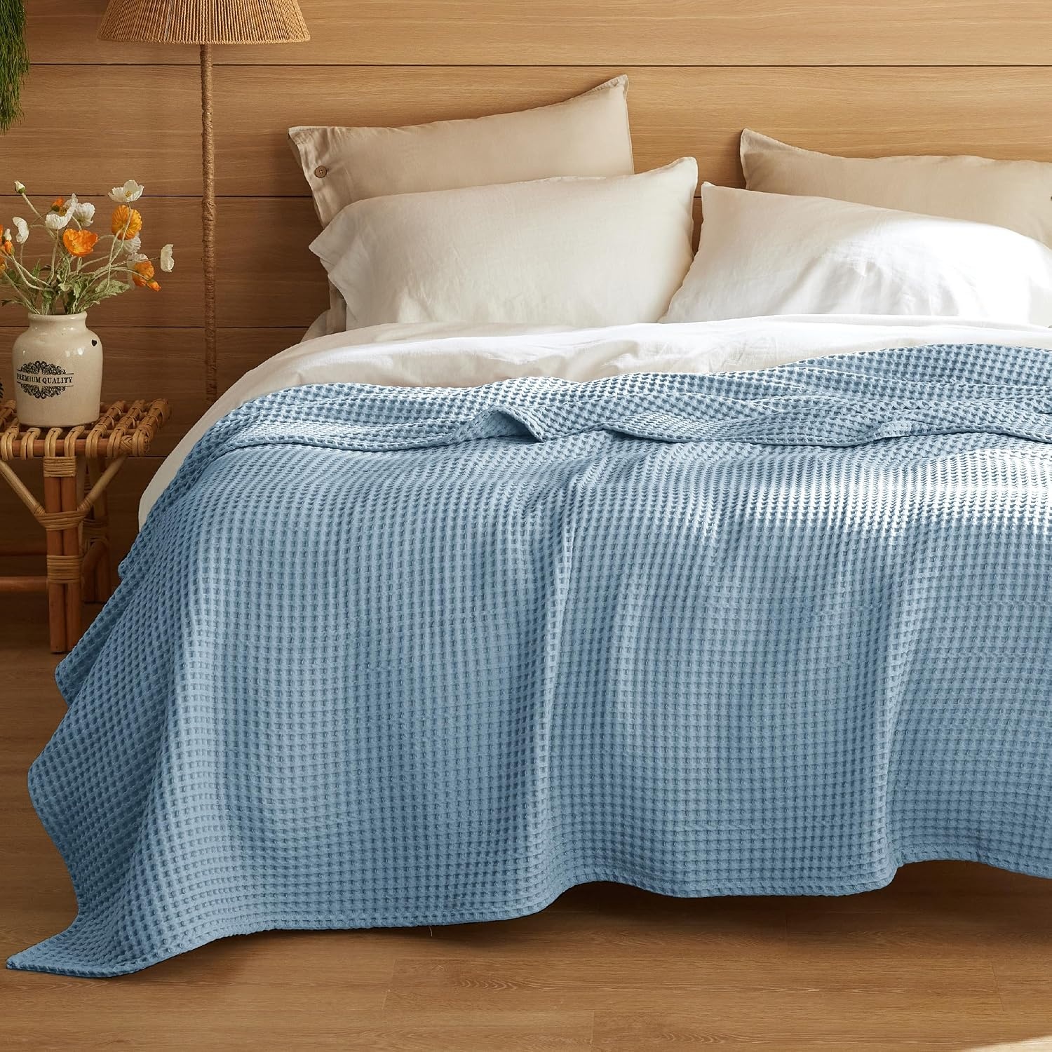 image:imageBedsure Lightweight 100 Cotton Waffle Blanket Twin XL Linen Summer Breathable Soft Light Thin Bed Couch Sofa Chair 66x90 Sheet Blanket Dorm Room Essentials Guys GirlsCelestial Blue