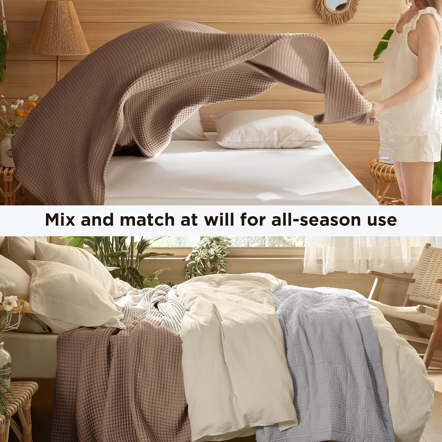 image:imageBedsure Lightweight 100 Cotton Waffle Blanket Twin XL Linen Summer Breathable Soft Light Thin Bed Couch Sofa Chair 66x90 Sheet Blanket Dorm Room Essentials Guys GirlsCoffee Brown