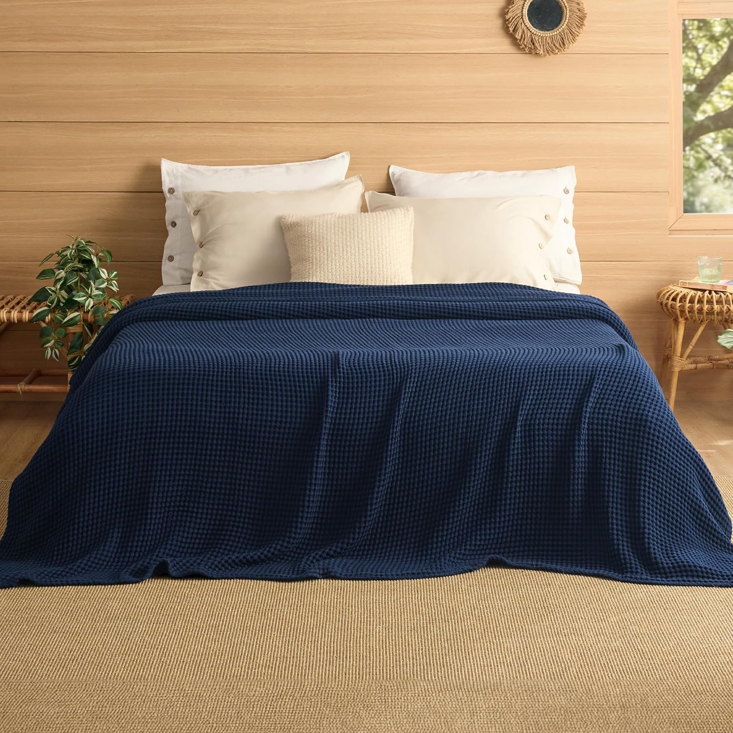 image:imageBedsure Lightweight 100 Cotton Waffle Blanket Twin XL Linen Summer Breathable Soft Light Thin Bed Couch Sofa Chair 66x90 Sheet Blanket Dorm Room Essentials Guys GirlsNavy Blue