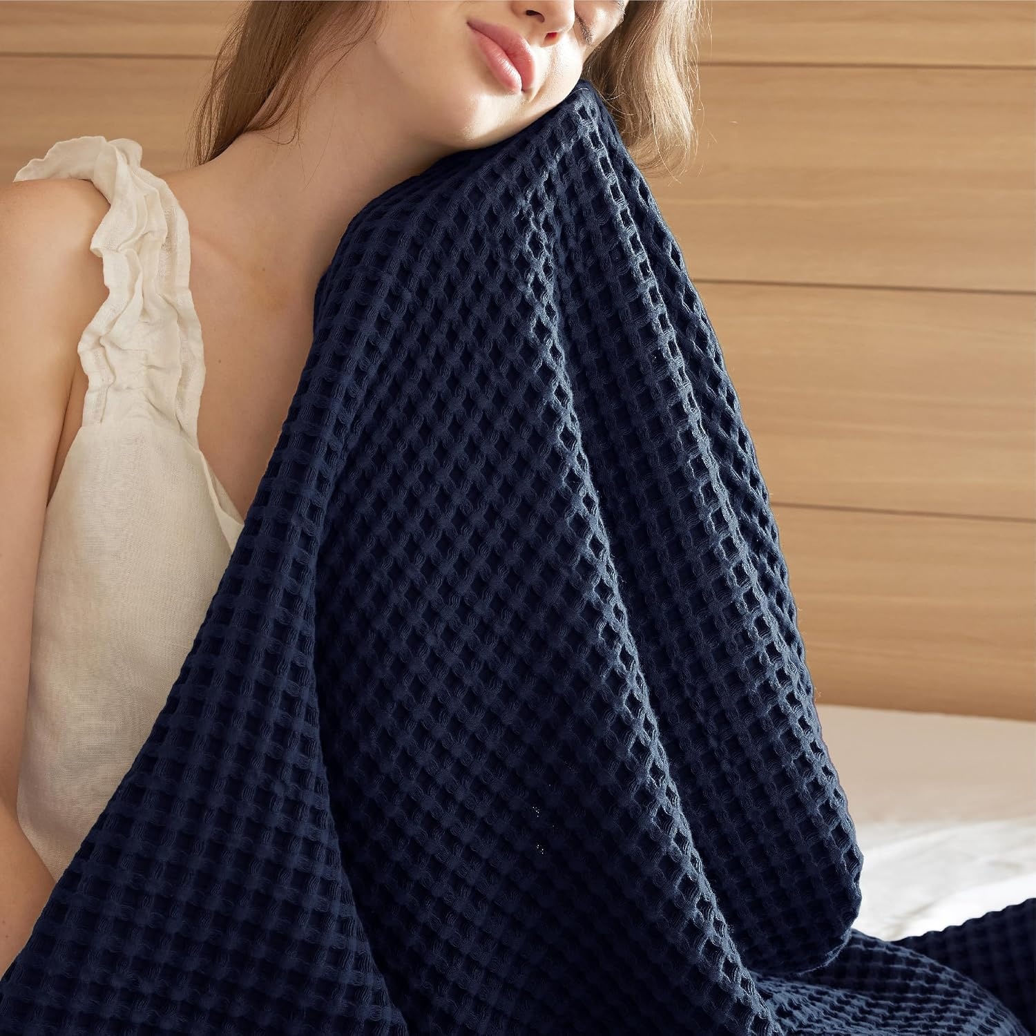 image:imageBedsure Lightweight 100 Cotton Waffle Blanket Twin XL Linen Summer Breathable Soft Light Thin Bed Couch Sofa Chair 66x90 Sheet Blanket Dorm Room Essentials Guys GirlsNavy Blue