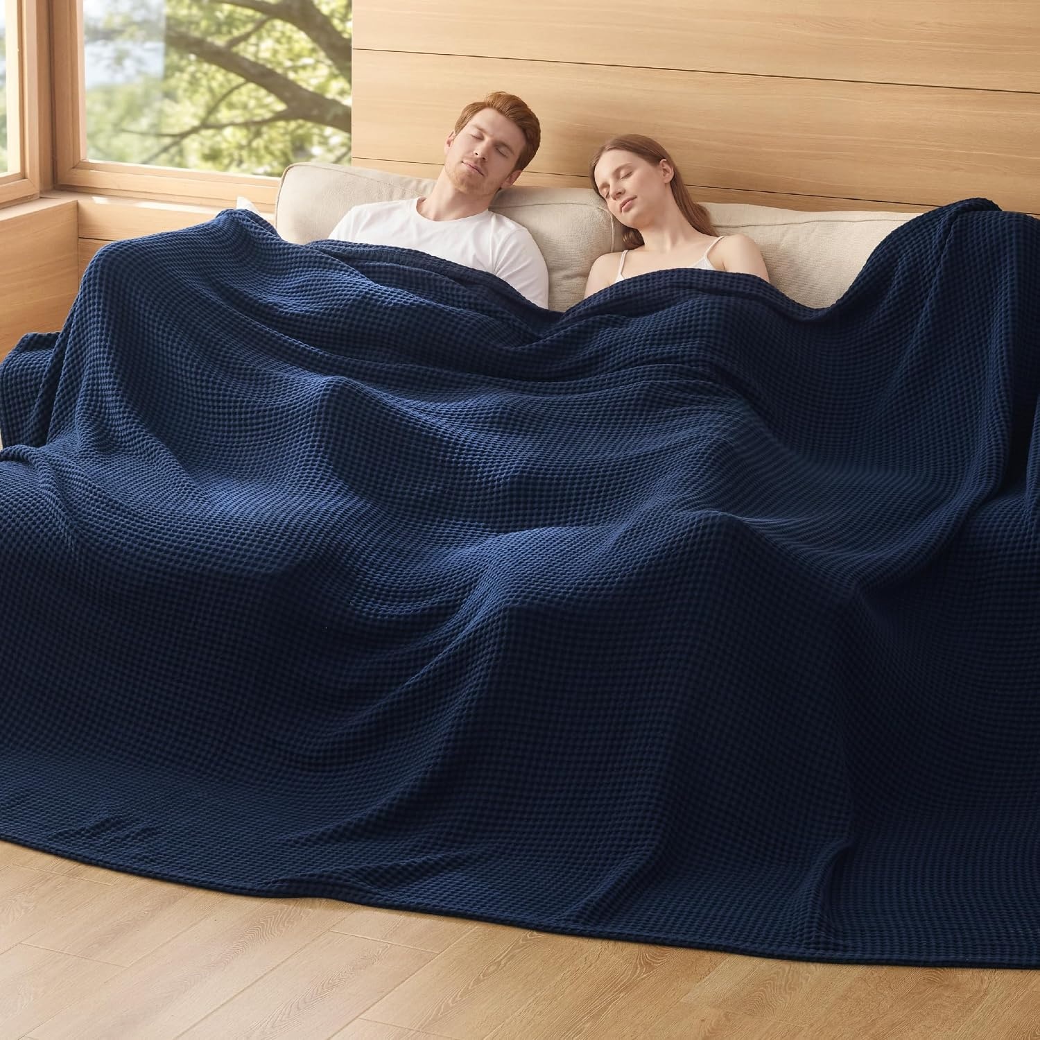 image:imageBedsure Lightweight 100 Cotton Waffle Blanket Twin XL Linen Summer Breathable Soft Light Thin Bed Couch Sofa Chair 66x90 Sheet Blanket Dorm Room Essentials Guys GirlsNavy Blue