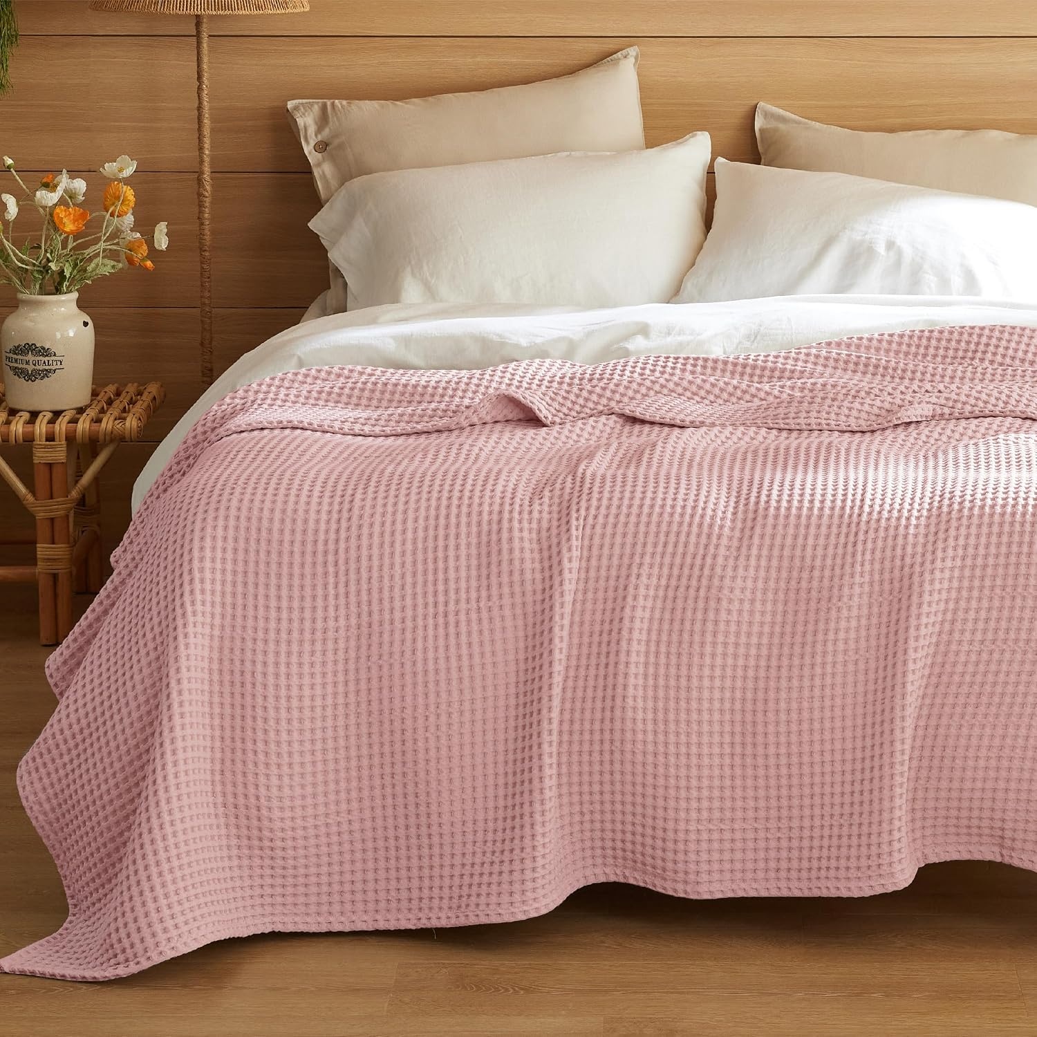 image:imageBedsure Lightweight 100 Cotton Waffle Blanket Twin XL Linen Summer Breathable Soft Light Thin Bed Couch Sofa Chair 66x90 Sheet Blanket Dorm Room Essentials Guys GirlsPink