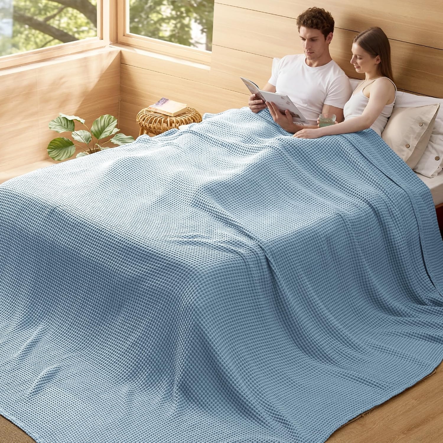 image:imageBedsure Lightweight 100 Cotton Waffle Blanket Twin XL Linen Summer Breathable Soft Light Thin Bed Couch Sofa Chair 66x90 Sheet Blanket Dorm Room Essentials Guys GirlsCelestial Blue