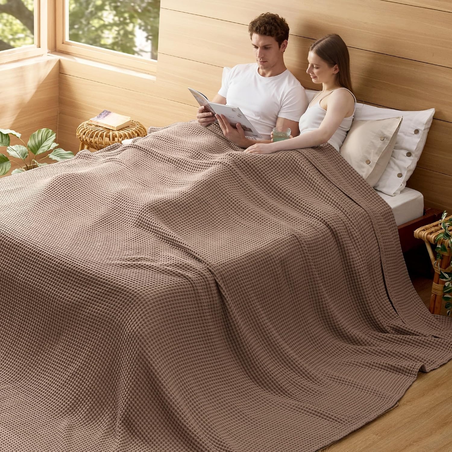image:imageBedsure Lightweight 100 Cotton Waffle Blanket Twin XL Linen Summer Breathable Soft Light Thin Bed Couch Sofa Chair 66x90 Sheet Blanket Dorm Room Essentials Guys GirlsCoffee Brown
