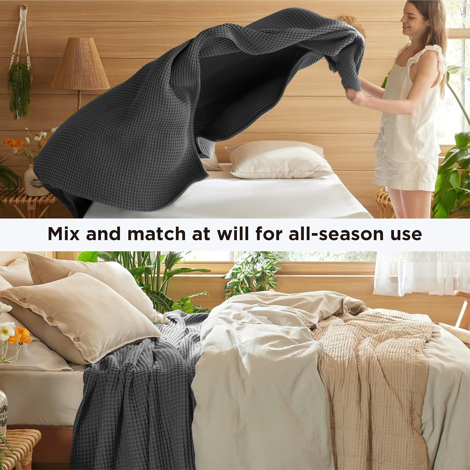 image:imageBedsure Lightweight 100 Cotton Waffle Blanket Twin XL Linen Summer Breathable Soft Light Thin Bed Couch Sofa Chair 66x90 Sheet Blanket Dorm Room Essentials Guys GirlsDark Grey