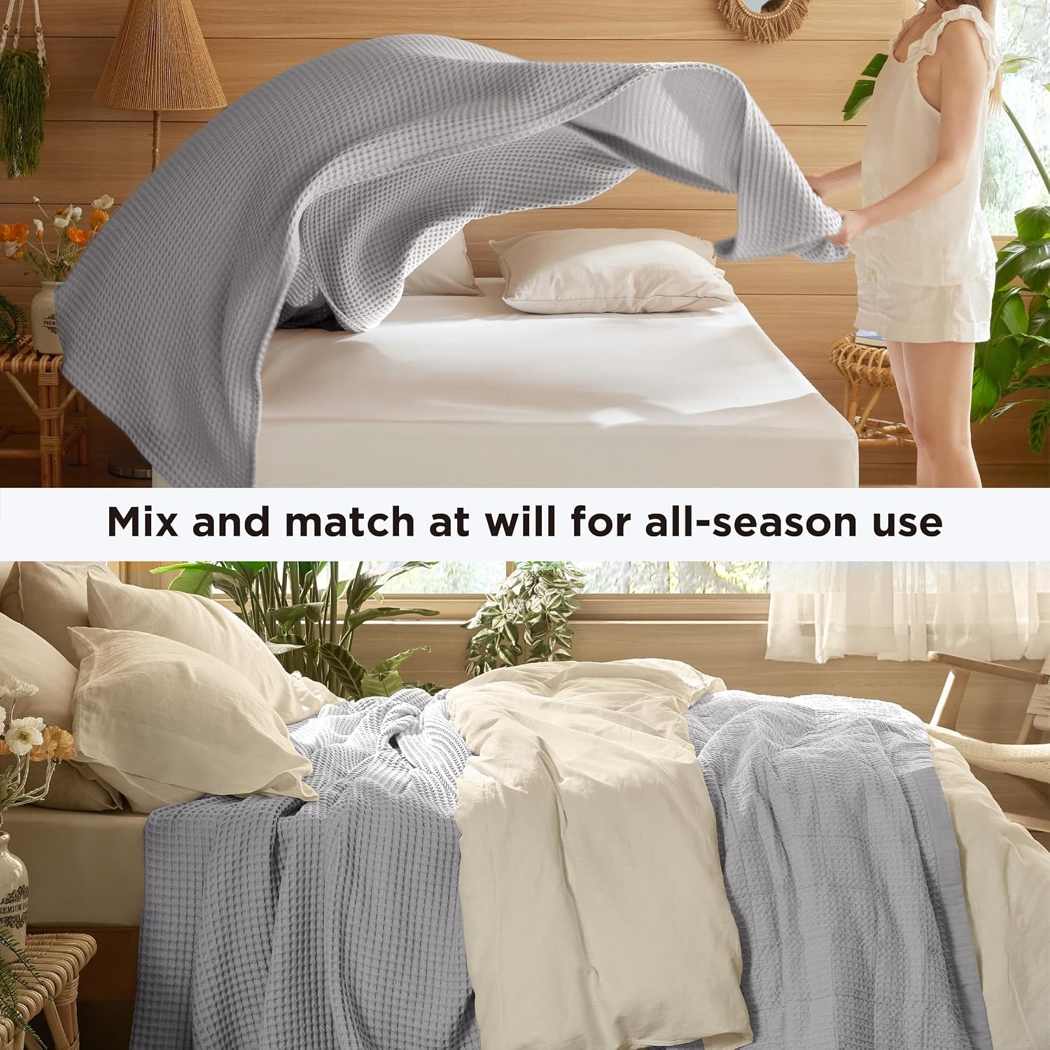 image:imageBedsure Lightweight 100 Cotton Waffle Blanket Twin XL Linen Summer Breathable Soft Light Thin Bed Couch Sofa Chair 66x90 Sheet Blanket Dorm Room Essentials Guys GirlsGrey
