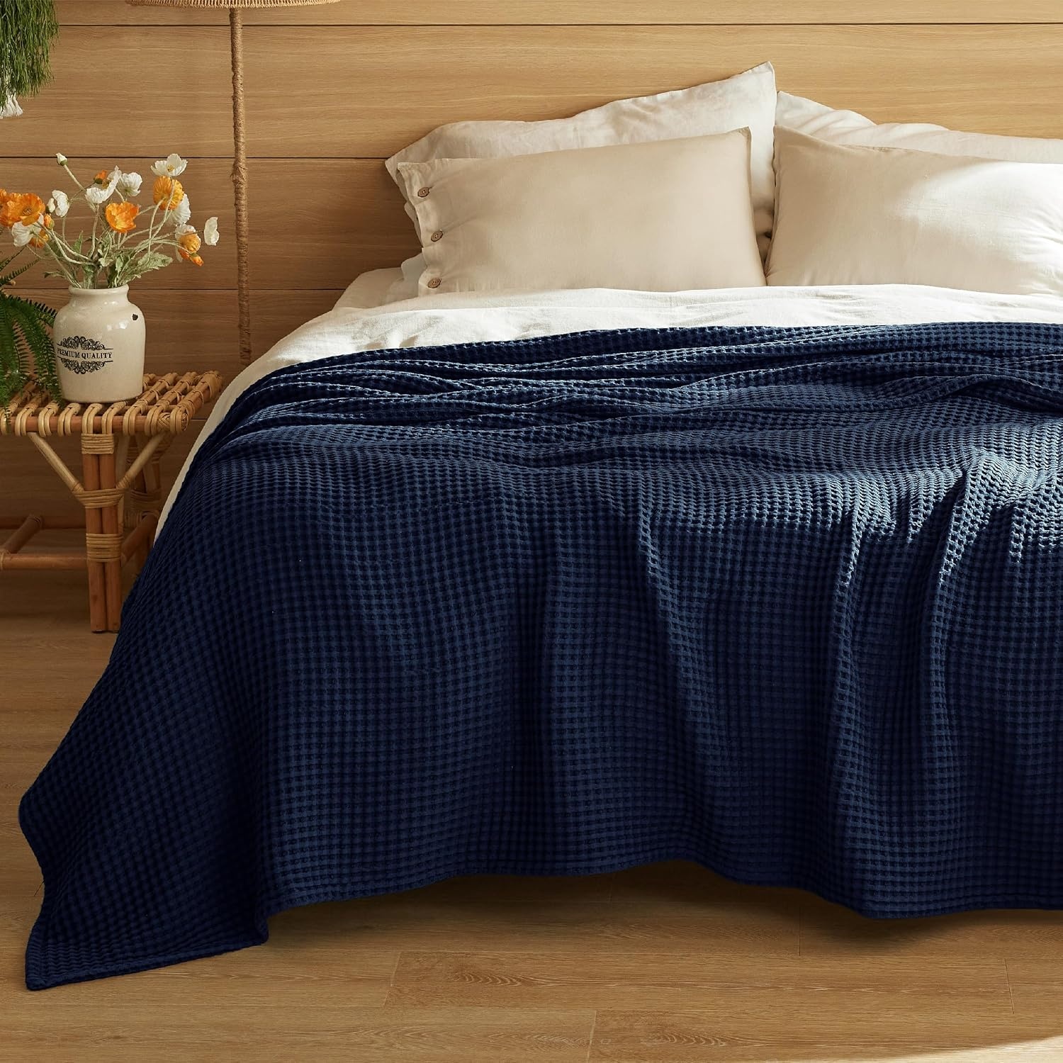 image:imageBedsure Lightweight 100 Cotton Waffle Blanket Twin XL Linen Summer Breathable Soft Light Thin Bed Couch Sofa Chair 66x90 Sheet Blanket Dorm Room Essentials Guys GirlsNavy Blue