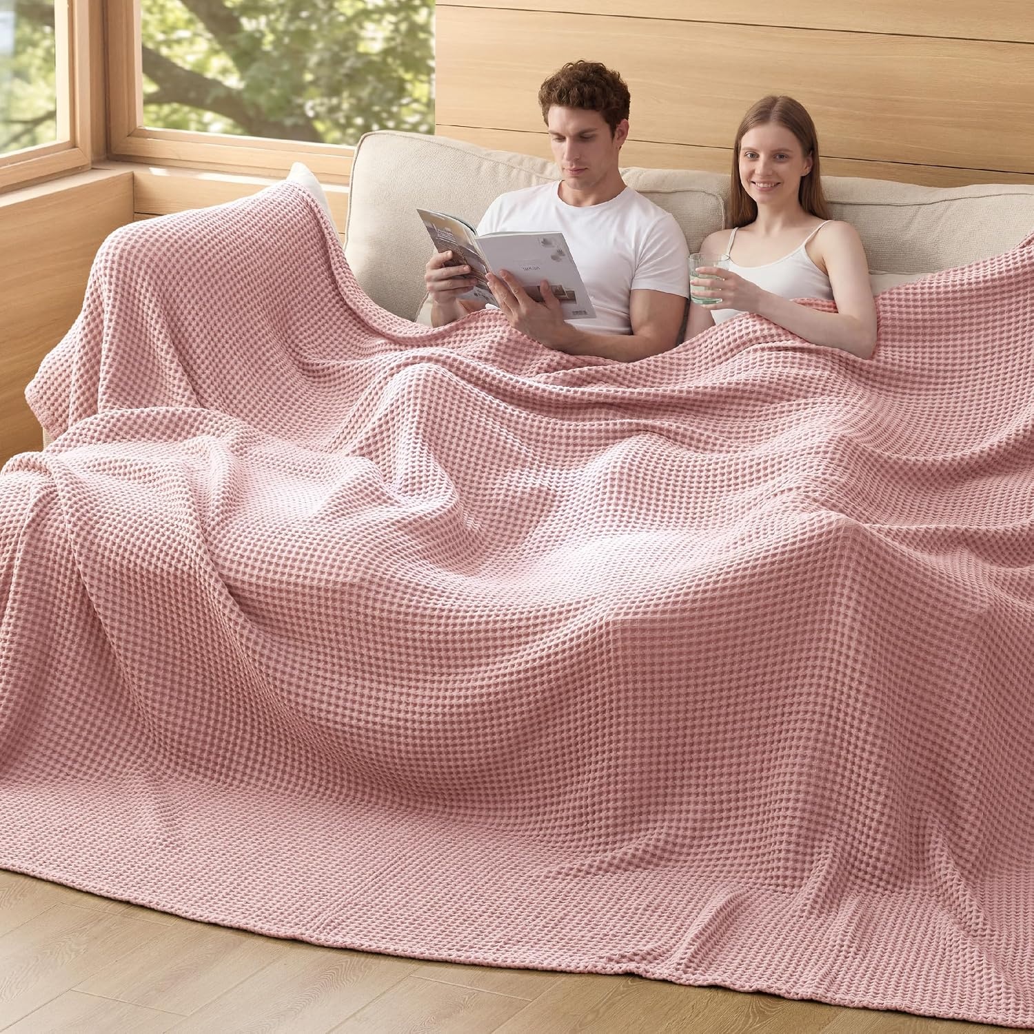 image:imageBedsure Lightweight 100 Cotton Waffle Blanket Twin XL Linen Summer Breathable Soft Light Thin Bed Couch Sofa Chair 66x90 Sheet Blanket Dorm Room Essentials Guys GirlsPink