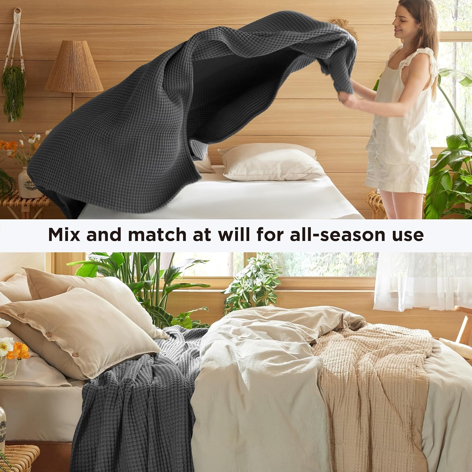 image:imageBedsure Lightweight 100 Cotton Waffle Blanket Twin XL Linen Summer Breathable Soft Light Thin Bed Couch Sofa Chair 66x90 Sheet Blanket Dorm Room Essentials Guys GirlsDark Grey