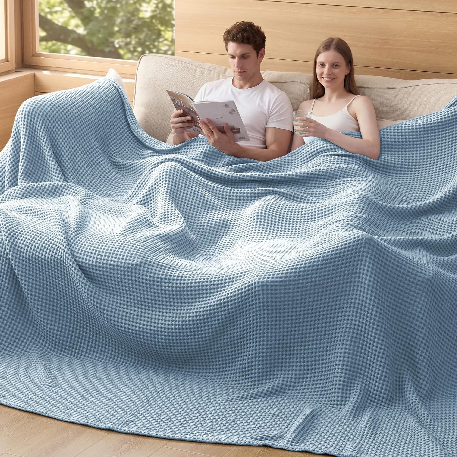 image:imageBedsure Lightweight 100 Cotton Waffle Blanket Twin XL Linen Summer Breathable Soft Light Thin Bed Couch Sofa Chair 66x90 Sheet Blanket Dorm Room Essentials Guys GirlsCelestial Blue