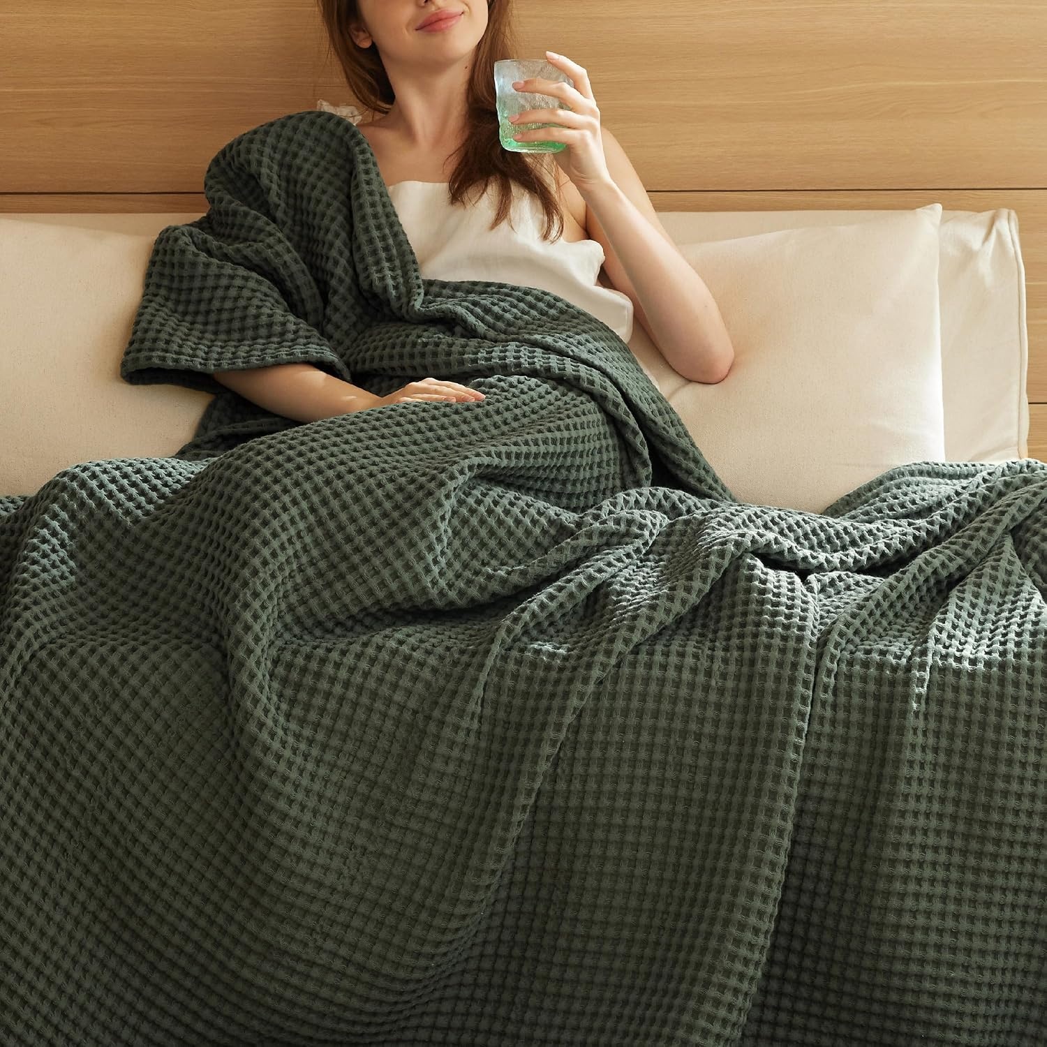 image:imageBedsure Lightweight 100 Cotton Waffle Blanket Twin XL Linen Summer Breathable Soft Light Thin Bed Couch Sofa Chair 66x90 Sheet Blanket Dorm Room Essentials Guys GirlsOlive Green