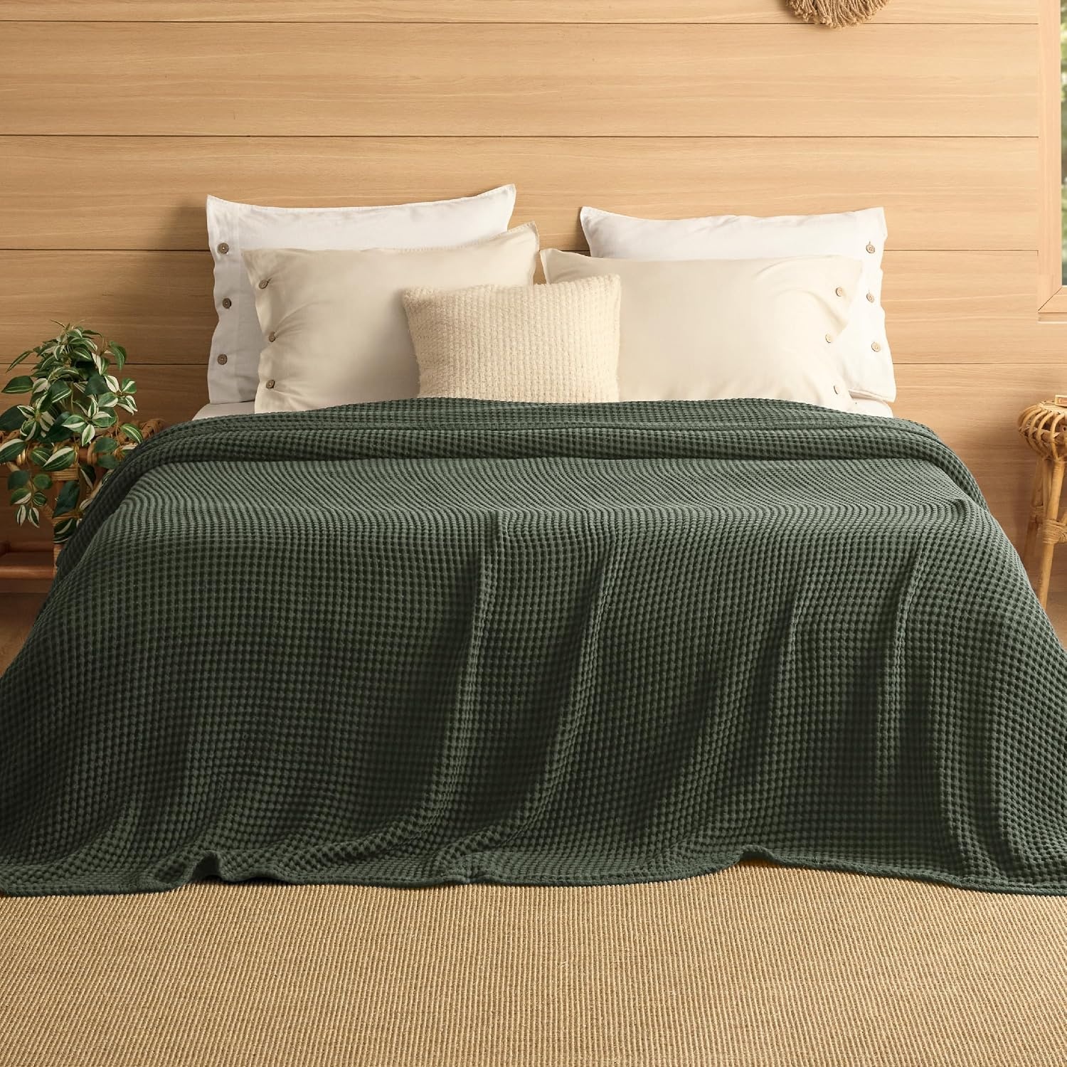 image:imageBedsure Lightweight 100 Cotton Waffle Blanket Twin XL Linen Summer Breathable Soft Light Thin Bed Couch Sofa Chair 66x90 Sheet Blanket Dorm Room Essentials Guys GirlsOlive Green