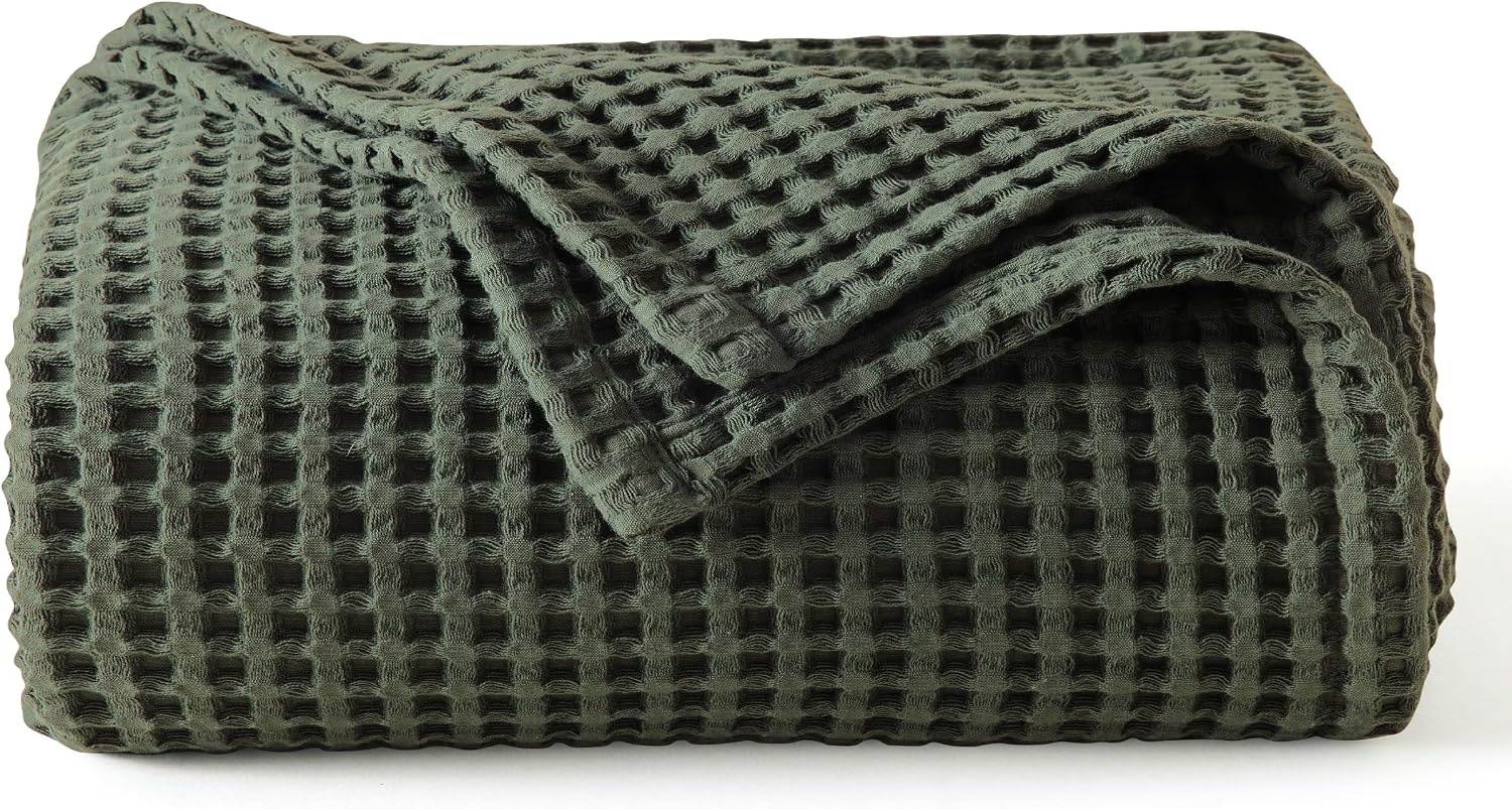image:imageBedsure Lightweight 100 Cotton Waffle Blanket Twin XL Linen Summer Breathable Soft Light Thin Bed Couch Sofa Chair 66x90 Sheet Blanket Dorm Room Essentials Guys GirlsOlive Green