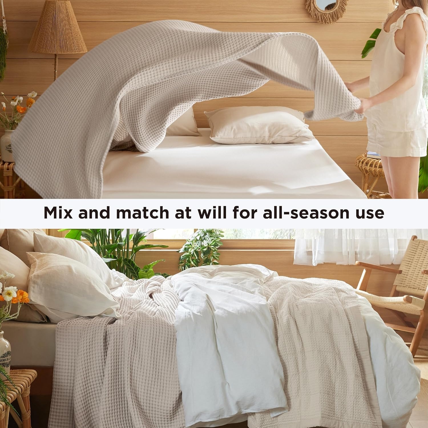 image:imageBedsure Lightweight 100 Cotton Waffle Blanket Twin XL Linen Summer Breathable Soft Light Thin Bed Couch Sofa Chair 66x90 Sheet Blanket Dorm Room Essentials Guys GirlsLinen