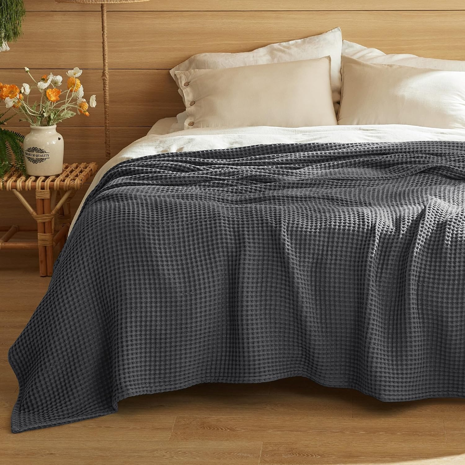 image:imageBedsure Lightweight 100 Cotton Waffle Blanket Twin XL Linen Summer Breathable Soft Light Thin Bed Couch Sofa Chair 66x90 Sheet Blanket Dorm Room Essentials Guys GirlsDark Grey