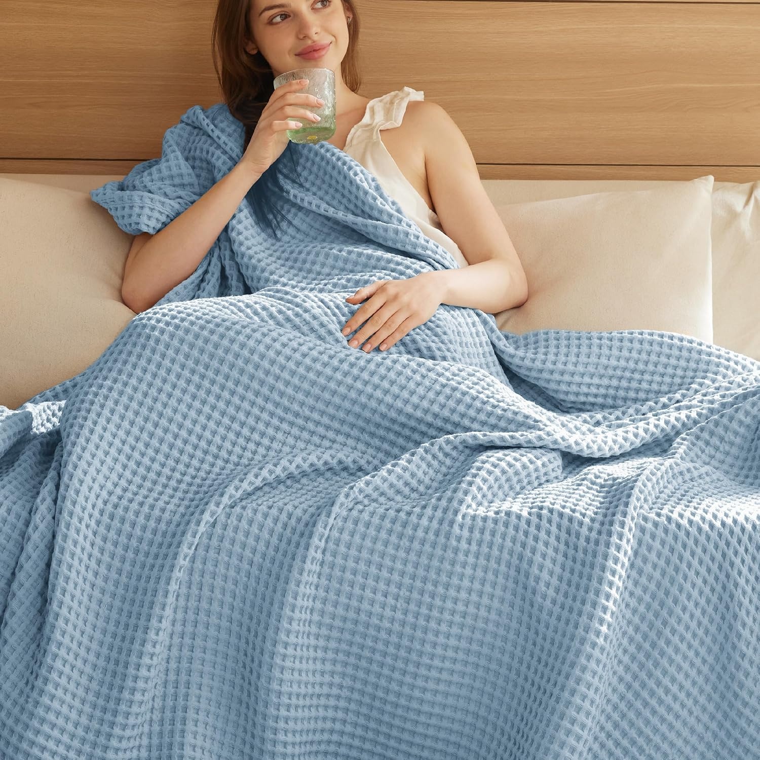 image:imageBedsure Lightweight 100 Cotton Waffle Blanket Twin XL Linen Summer Breathable Soft Light Thin Bed Couch Sofa Chair 66x90 Sheet Blanket Dorm Room Essentials Guys GirlsCelestial Blue