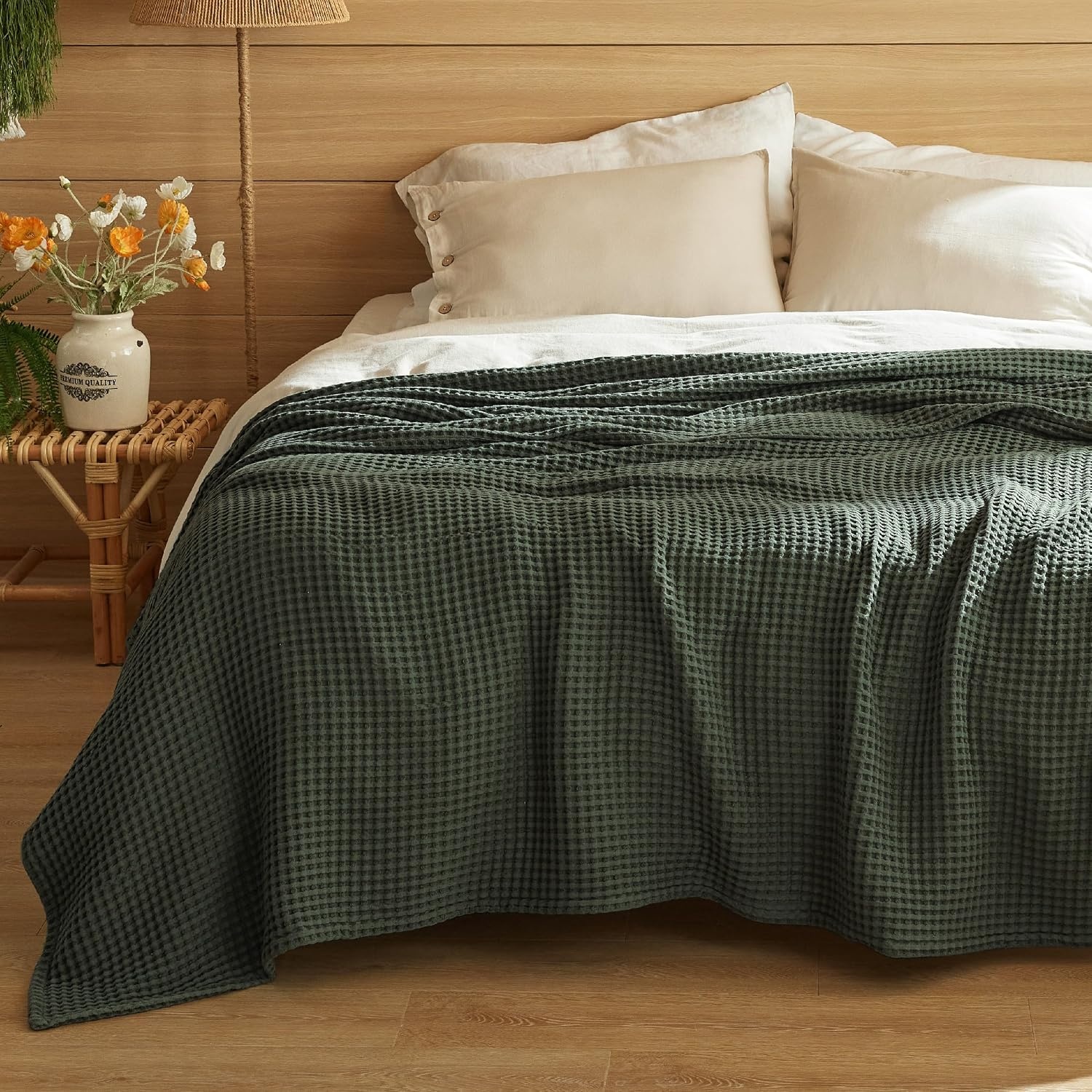 image:imageBedsure Lightweight 100 Cotton Waffle Blanket Twin XL Linen Summer Breathable Soft Light Thin Bed Couch Sofa Chair 66x90 Sheet Blanket Dorm Room Essentials Guys GirlsOlive Green