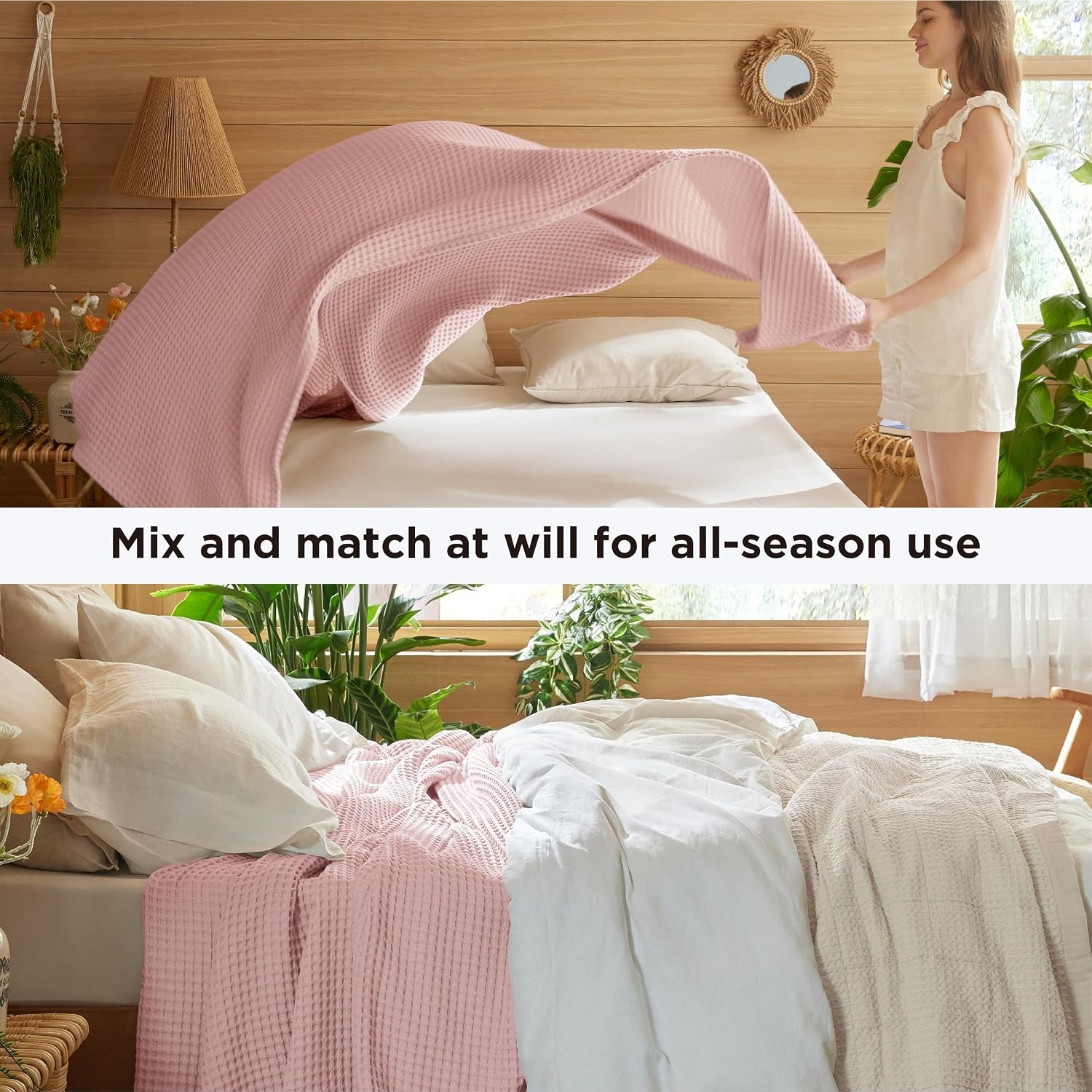 image:imageBedsure Lightweight 100 Cotton Waffle Blanket Twin XL Linen Summer Breathable Soft Light Thin Bed Couch Sofa Chair 66x90 Sheet Blanket Dorm Room Essentials Guys GirlsPink