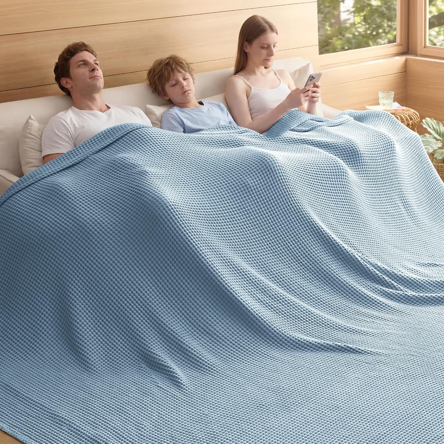 image:imageBedsure Lightweight 100 Cotton Waffle Blanket Twin XL Linen Summer Breathable Soft Light Thin Bed Couch Sofa Chair 66x90 Sheet Blanket Dorm Room Essentials Guys GirlsCelestial Blue