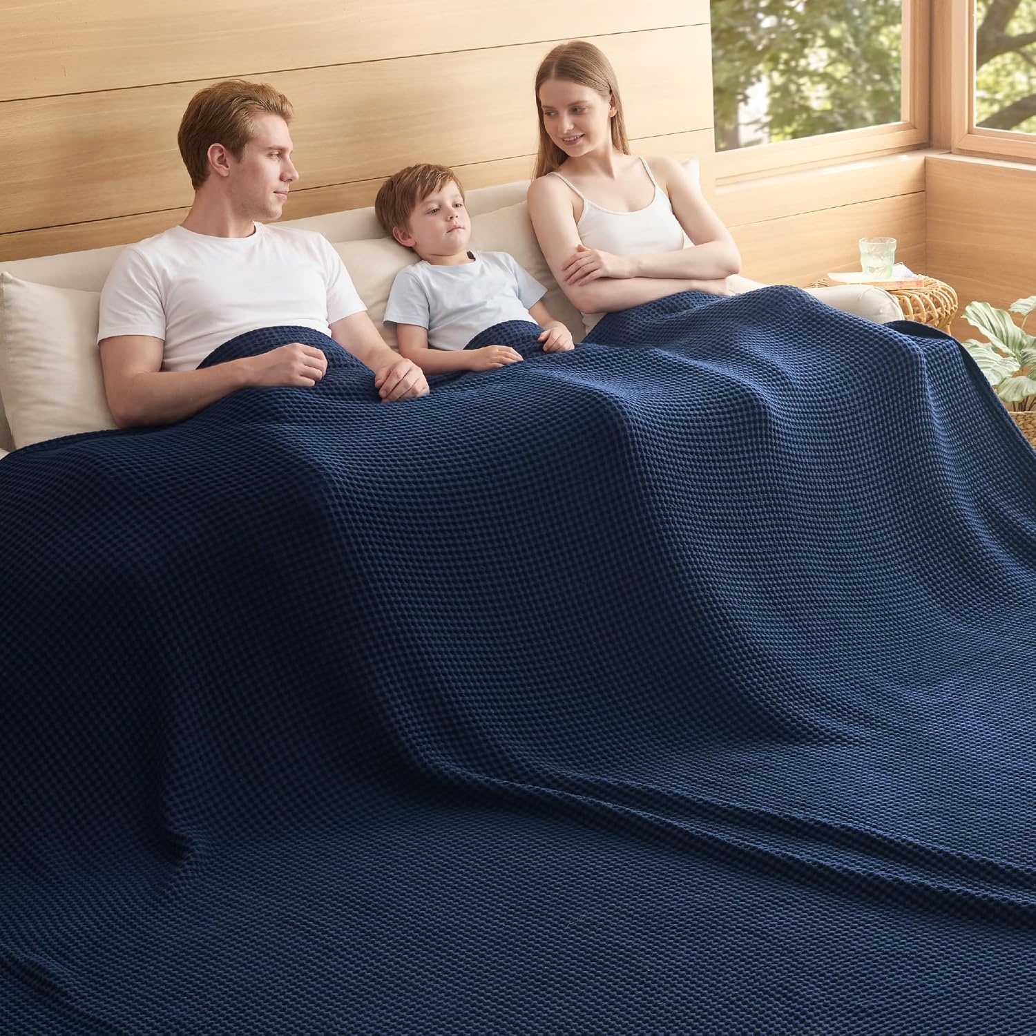 image:imageBedsure Lightweight 100 Cotton Waffle Blanket Twin XL Linen Summer Breathable Soft Light Thin Bed Couch Sofa Chair 66x90 Sheet Blanket Dorm Room Essentials Guys GirlsNavy Blue