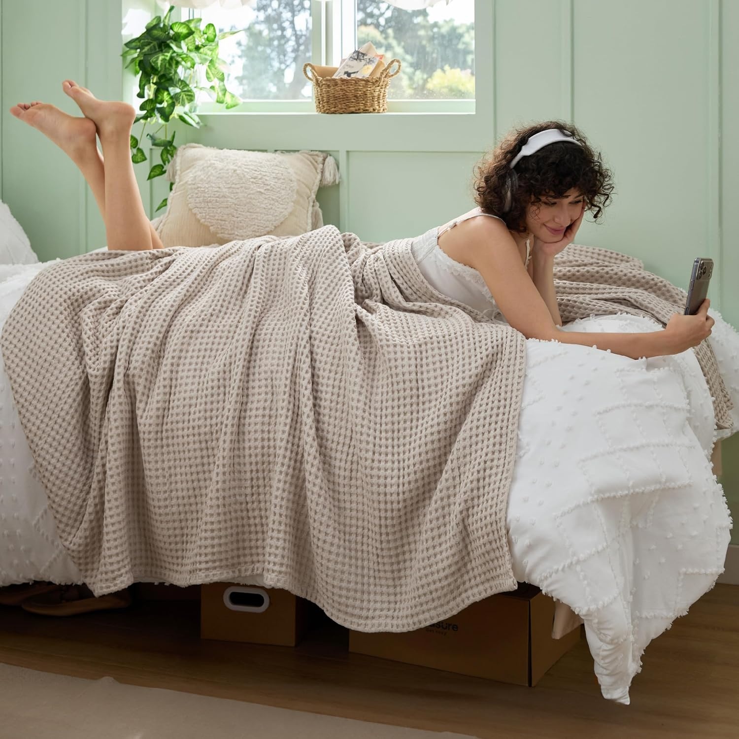 image:imageBedsure Lightweight 100 Cotton Waffle Blanket Twin XL Linen Summer Breathable Soft Light Thin Bed Couch Sofa Chair 66x90 Sheet Blanket Dorm Room Essentials Guys GirlsLinen