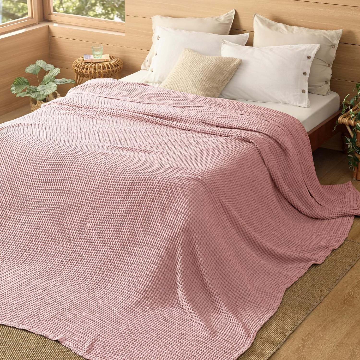 image:imageBedsure Lightweight 100 Cotton Waffle Blanket Twin XL Linen Summer Breathable Soft Light Thin Bed Couch Sofa Chair 66x90 Sheet Blanket Dorm Room Essentials Guys GirlsPink