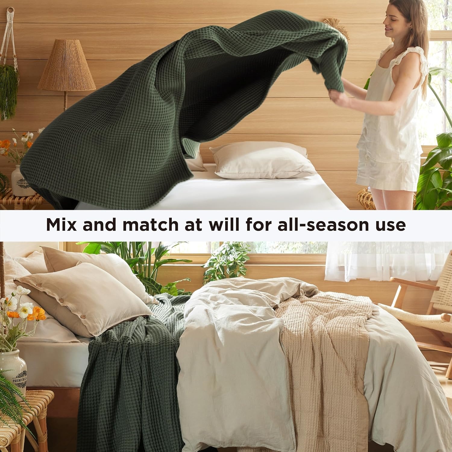 image:imageBedsure Lightweight 100 Cotton Waffle Blanket Twin XL Linen Summer Breathable Soft Light Thin Bed Couch Sofa Chair 66x90 Sheet Blanket Dorm Room Essentials Guys GirlsOlive Green