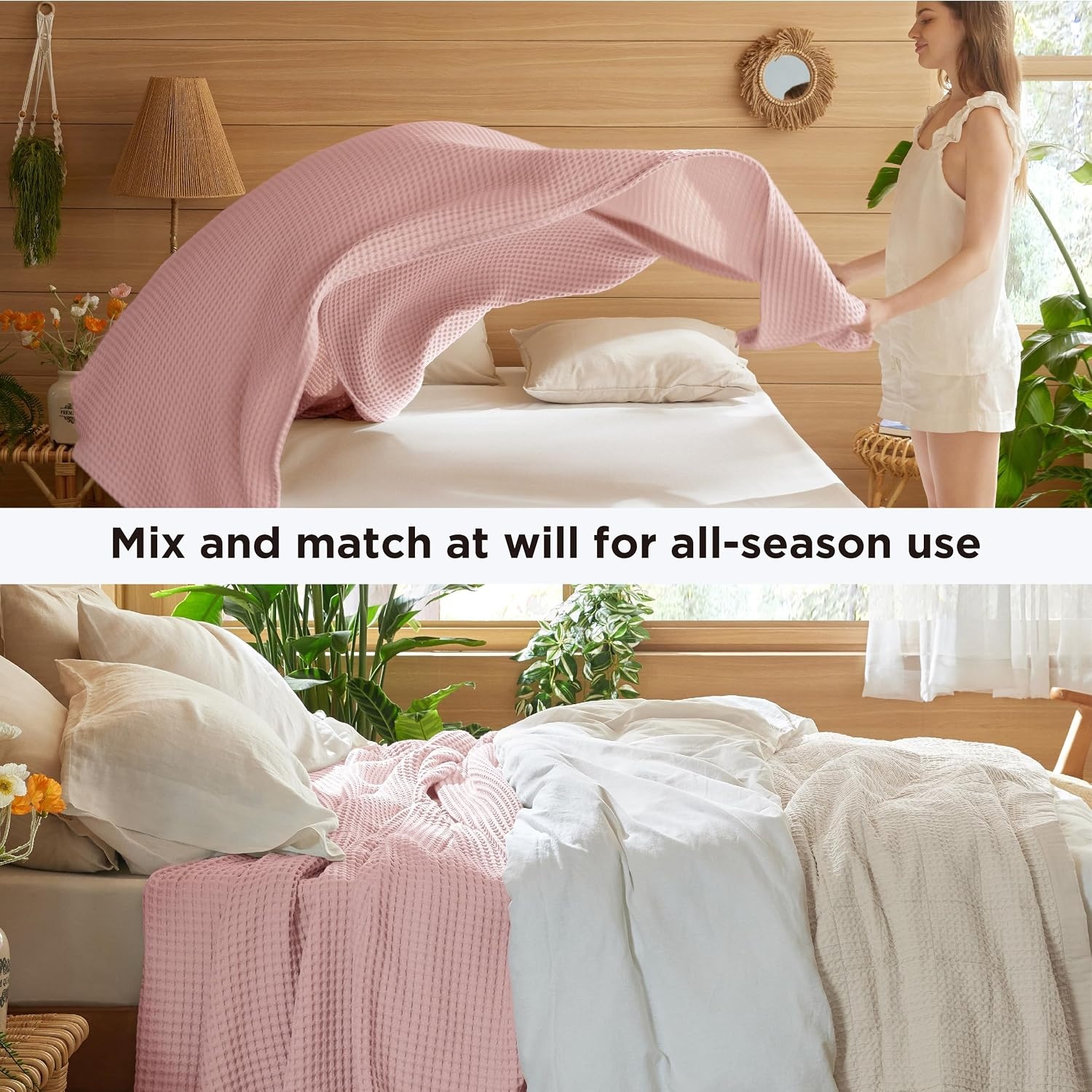 image:imageBedsure Lightweight 100 Cotton Waffle Blanket Twin XL Linen Summer Breathable Soft Light Thin Bed Couch Sofa Chair 66x90 Sheet Blanket Dorm Room Essentials Guys GirlsPink