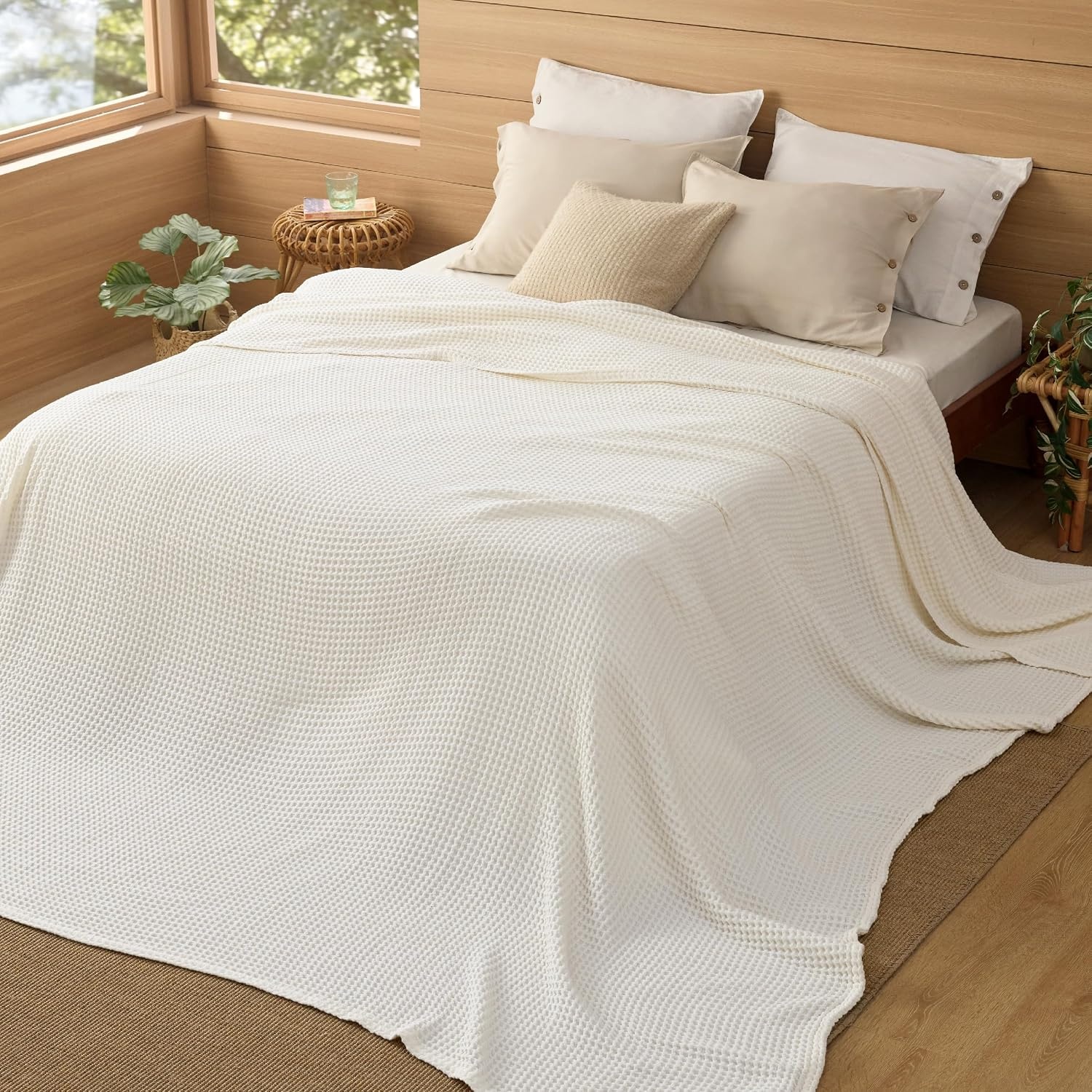 image:imageBedsure Lightweight 100 Cotton Waffle Blanket Twin XL Linen Summer Breathable Soft Light Thin Bed Couch Sofa Chair 66x90 Sheet Blanket Dorm Room Essentials Guys GirlsIvory