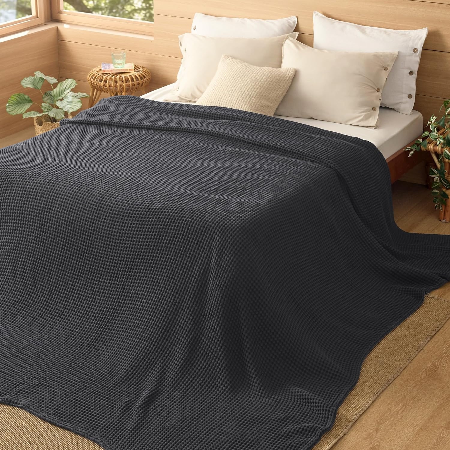 image:imageBedsure Lightweight 100 Cotton Waffle Blanket Twin XL Linen Summer Breathable Soft Light Thin Bed Couch Sofa Chair 66x90 Sheet Blanket Dorm Room Essentials Guys GirlsDark Grey