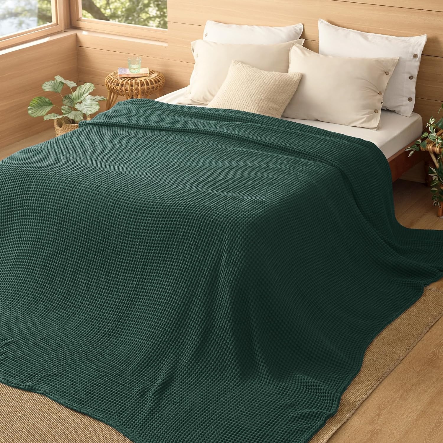 image:imageBedsure Lightweight 100 Cotton Waffle Blanket Twin XL Linen Summer Breathable Soft Light Thin Bed Couch Sofa Chair 66x90 Sheet Blanket Dorm Room Essentials Guys GirlsDark Green