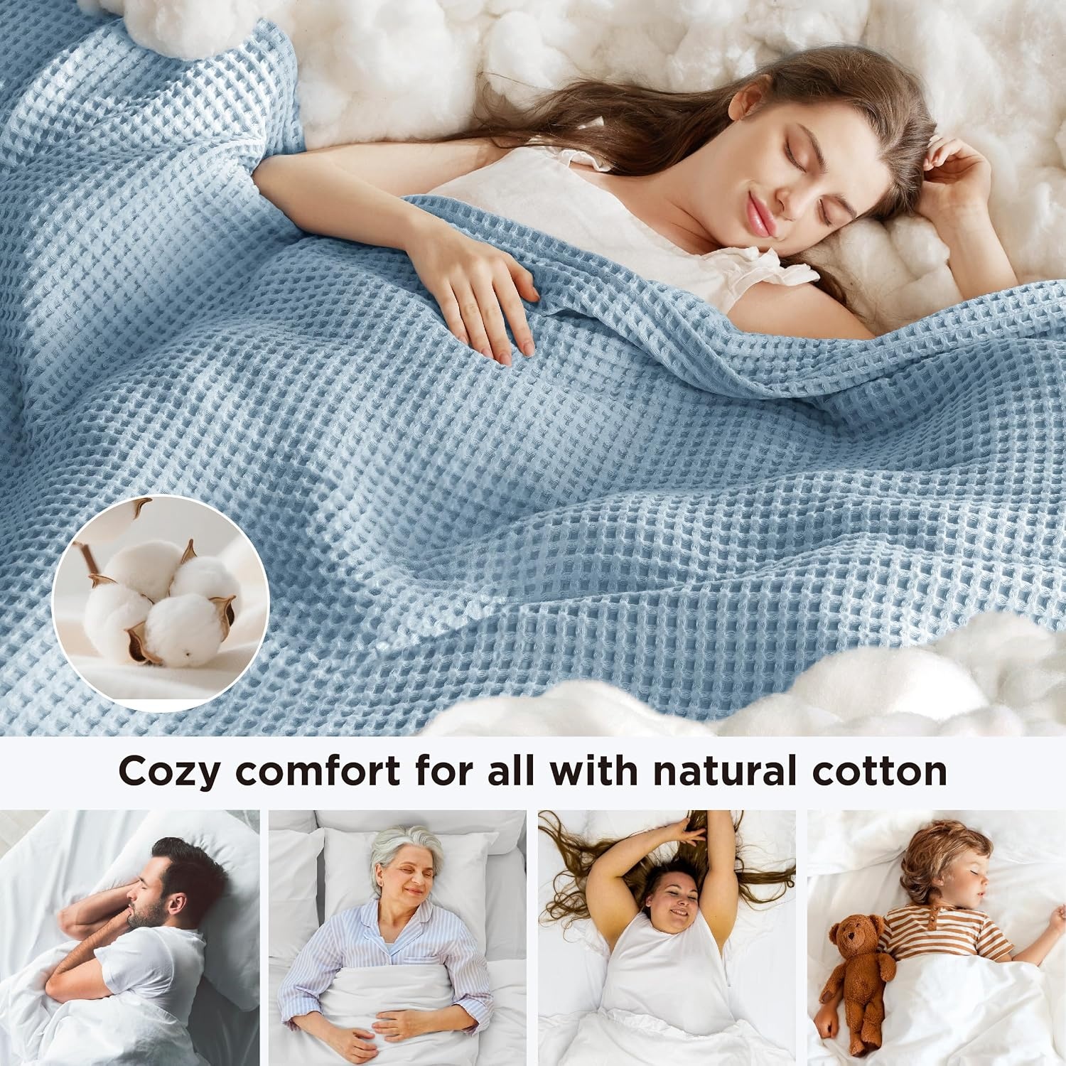 image:imageBedsure Lightweight 100 Cotton Waffle Blanket Twin XL Linen Summer Breathable Soft Light Thin Bed Couch Sofa Chair 66x90 Sheet Blanket Dorm Room Essentials Guys GirlsCelestial Blue