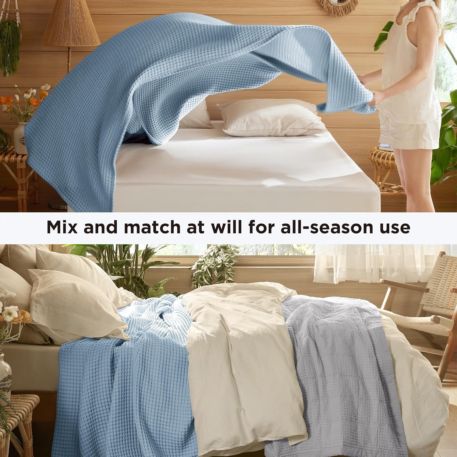 image:imageBedsure Lightweight 100 Cotton Waffle Blanket Twin XL Linen Summer Breathable Soft Light Thin Bed Couch Sofa Chair 66x90 Sheet Blanket Dorm Room Essentials Guys GirlsCelestial Blue