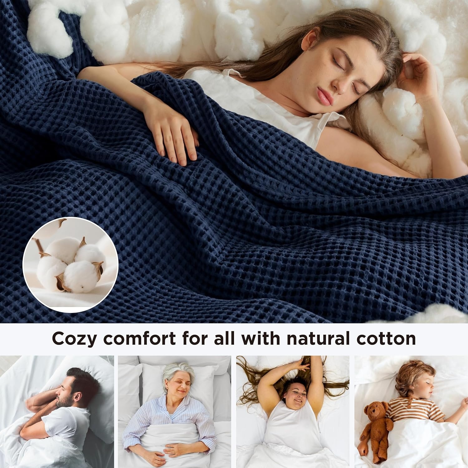 image:imageBedsure Lightweight 100 Cotton Waffle Blanket Twin XL Linen Summer Breathable Soft Light Thin Bed Couch Sofa Chair 66x90 Sheet Blanket Dorm Room Essentials Guys GirlsNavy Blue