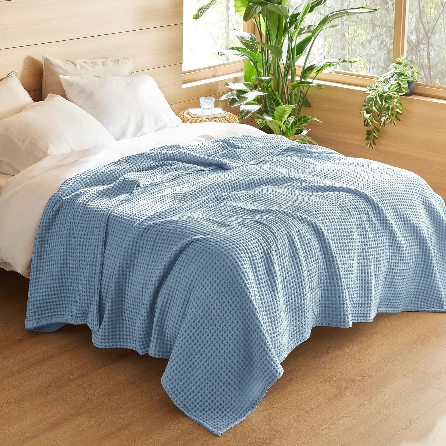 image:imageBedsure Lightweight 100 Cotton Waffle Blanket Twin XL Linen Summer Breathable Soft Light Thin Bed Couch Sofa Chair 66x90 Sheet Blanket Dorm Room Essentials Guys GirlsCelestial Blue