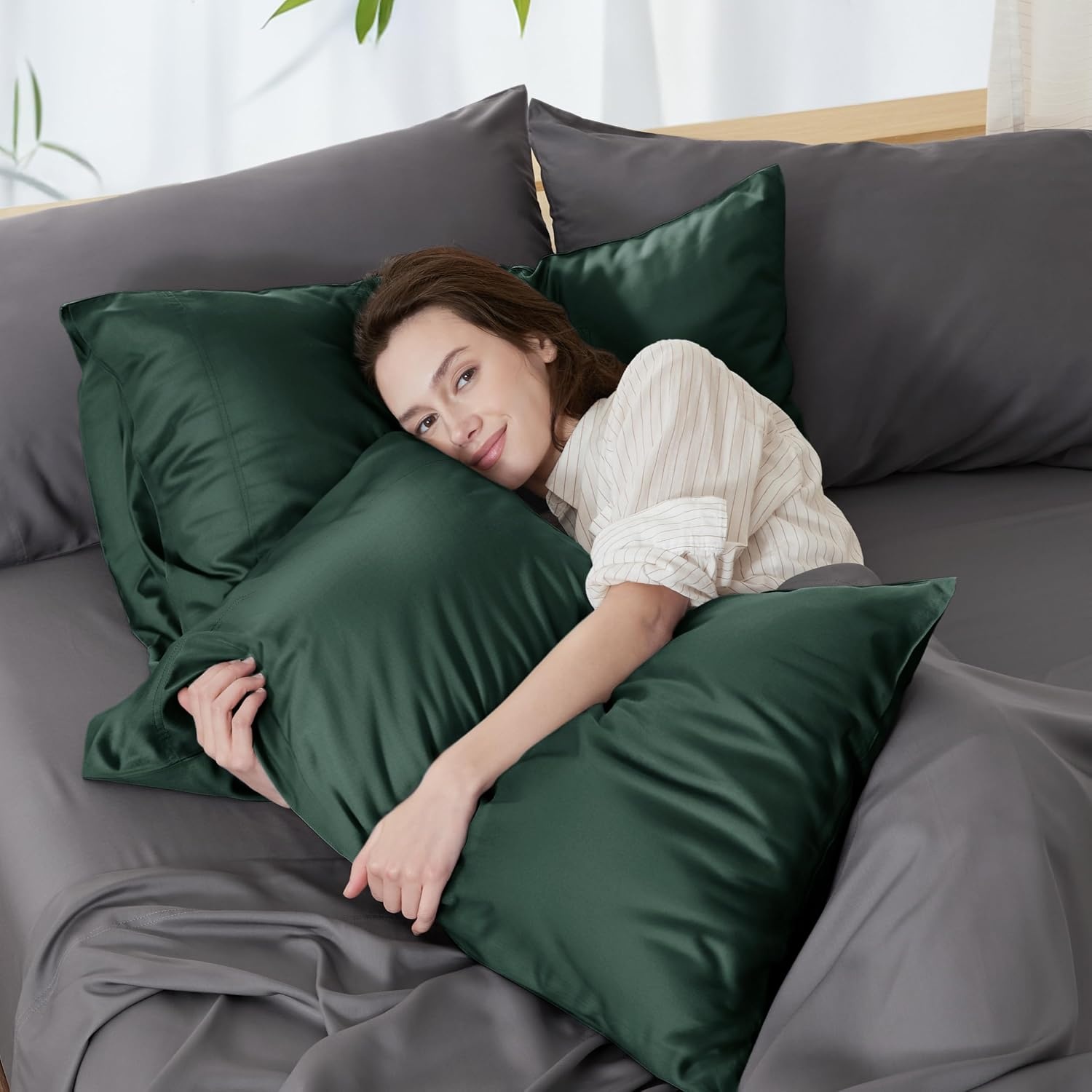 image:imageBedsure Pillow Cases Standard Size Set of 2 100 Rayon Derived from Bamboo Cooling Pillowcases Similar to Silk Pillow Case Covers with Envelope Closure PureWoven Bedding Dark Grey 20x26 Inches19 Forest Green