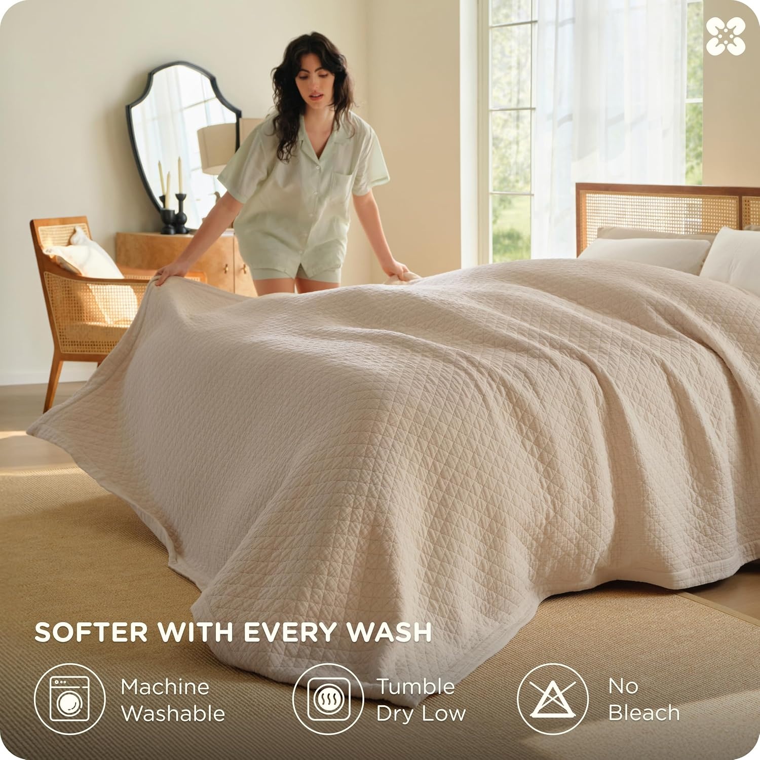 image:imageBedsure PureWoven 100 Cotton Muslin Blanket 8Layer Queen Sage Green Breathable MoistureWicking AllSeason Softens After Wash 460 GSM Gauze Bedding Low Shedding for Adults 90 X 90Linen Beige