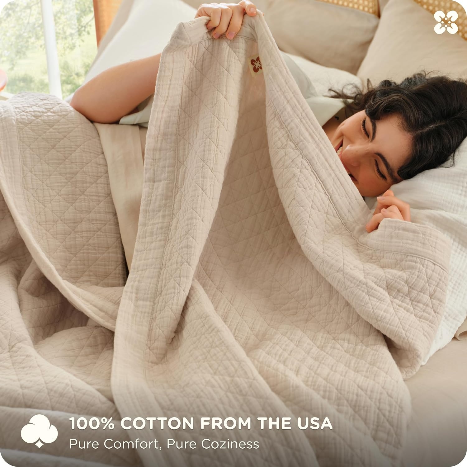 image:imageBedsure PureWoven 100 Cotton Muslin Blanket 8Layer Queen Sage Green Breathable MoistureWicking AllSeason Softens After Wash 460 GSM Gauze Bedding Low Shedding for Adults 90 X 90Linen Beige