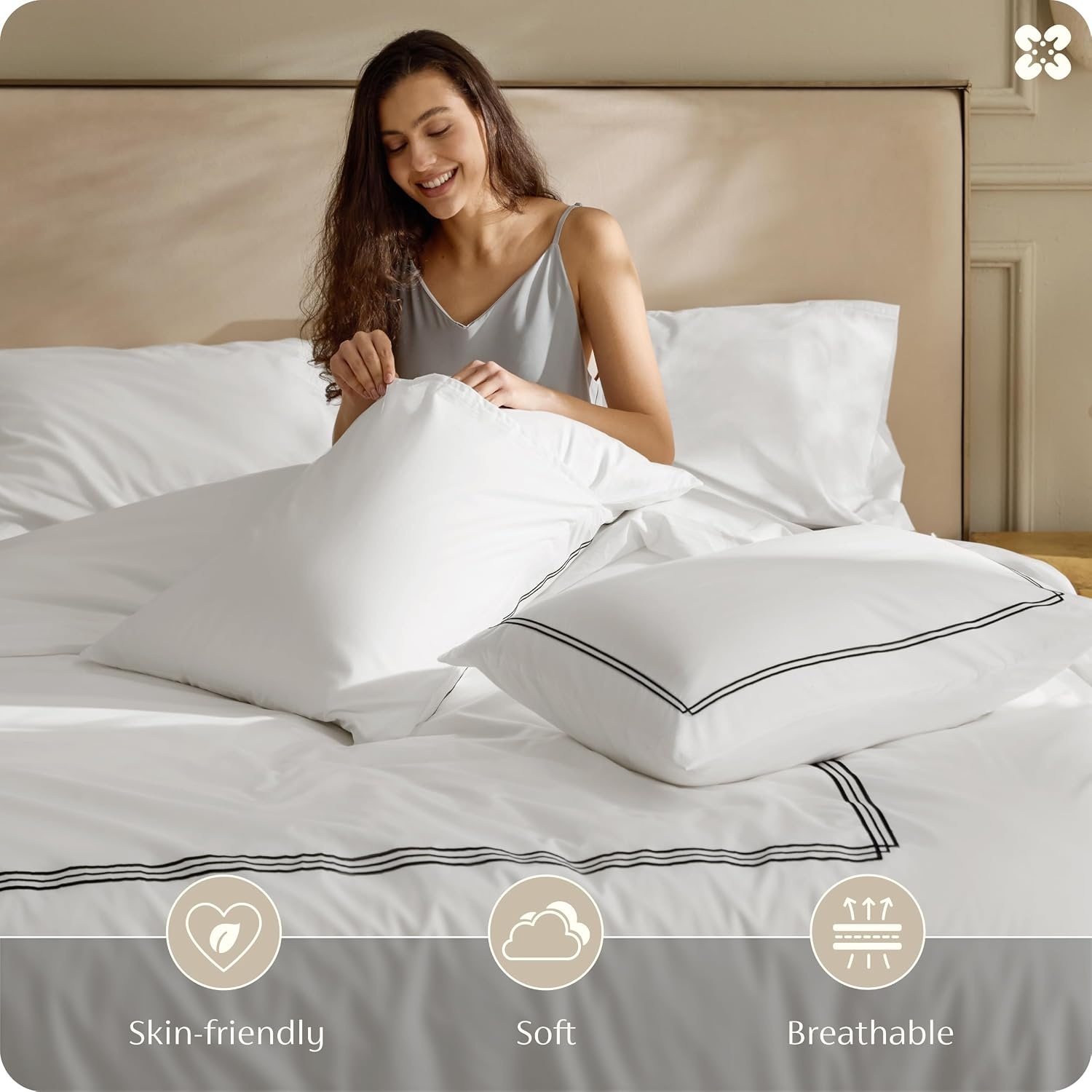 image:imageBedsure PureWoven 100 Cotton Percale Duvet Cover Queen Rope Weave White HotelStyle Breathable Comforter Cover Crisp amp Lightweight Feel Zipper amp 8 Ties Easy Machine Care 3Piece 90x90 White05 Hotel Frame Embroidery