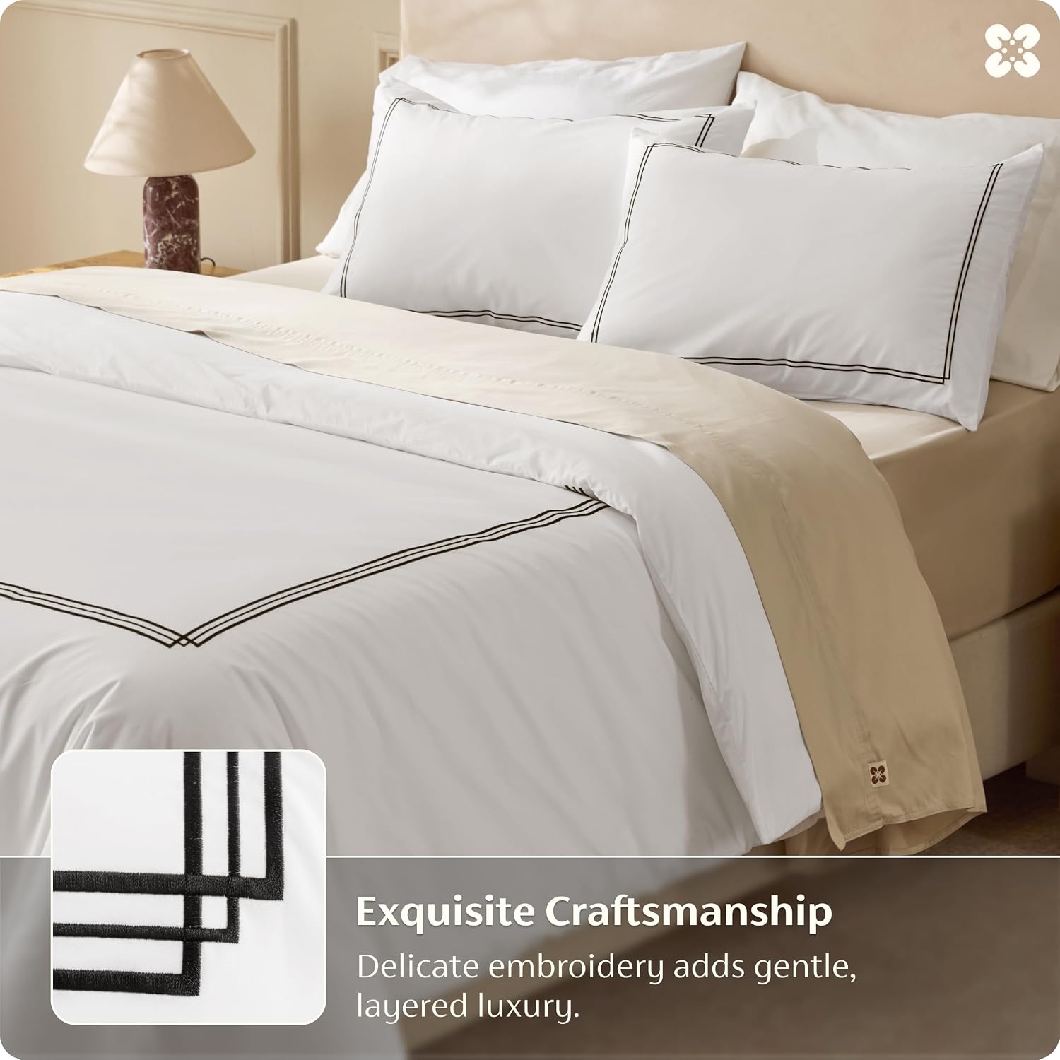 image:imageBedsure PureWoven 100 Cotton Percale Duvet Cover Queen Rope Weave White HotelStyle Breathable Comforter Cover Crisp amp Lightweight Feel Zipper amp 8 Ties Easy Machine Care 3Piece 90x90 White05 Hotel Frame Embroidery