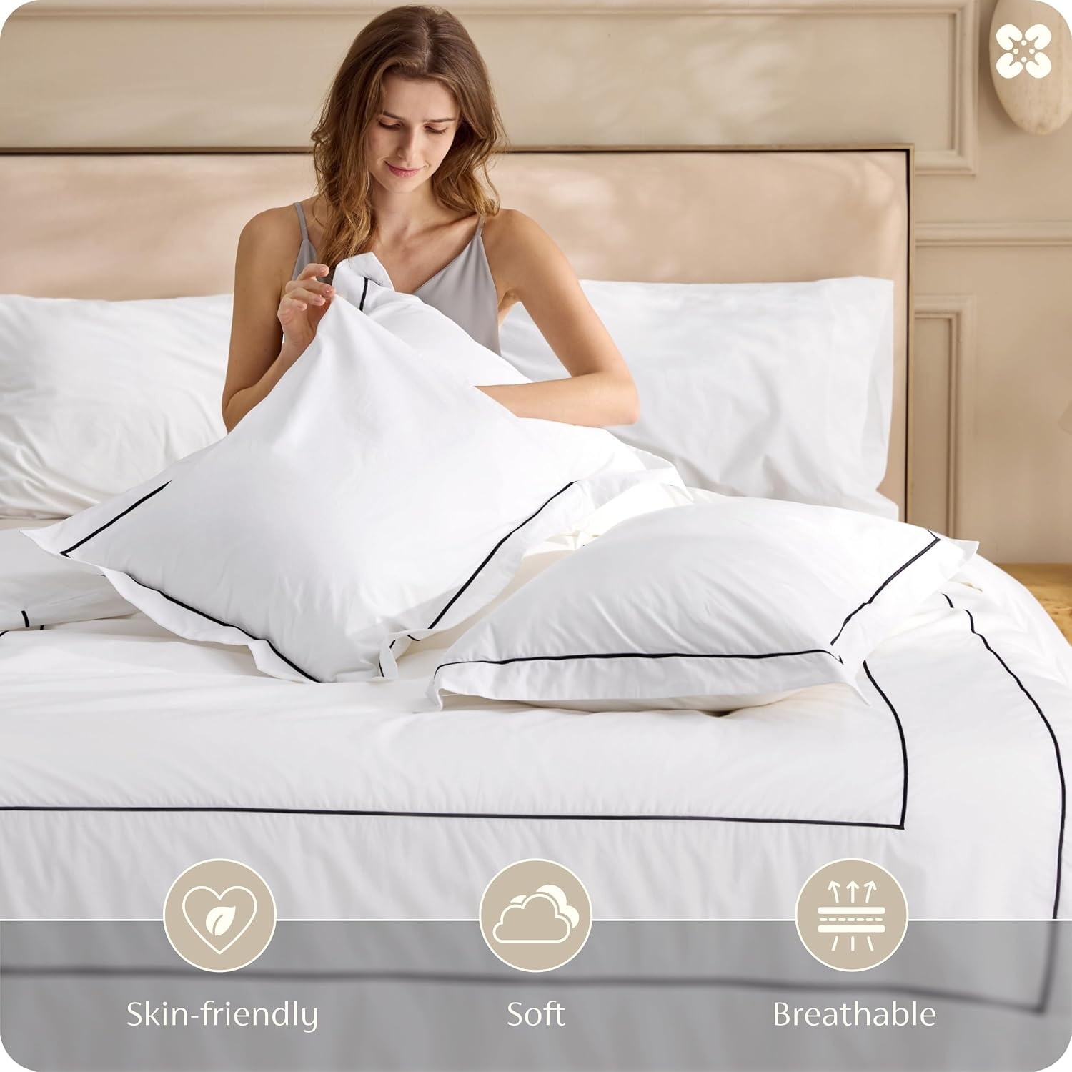image:imageBedsure PureWoven 100 Cotton Percale Duvet Cover Queen Rope Weave White HotelStyle Breathable Comforter Cover Crisp amp Lightweight Feel Zipper amp 8 Ties Easy Machine Care 3Piece 90x90 White02 Hotel Double Embroidery