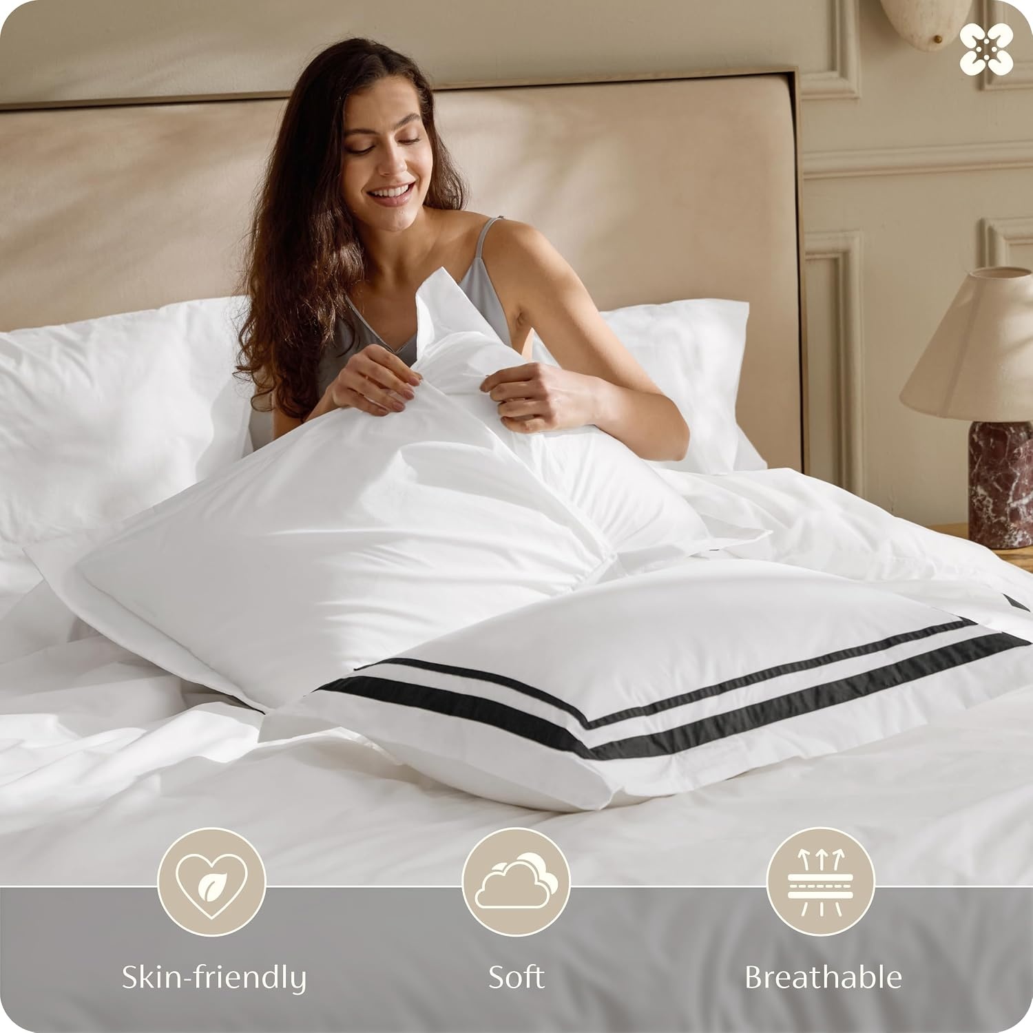 image:imageBedsure PureWoven 100 Cotton Percale Duvet Cover Queen Rope Weave White HotelStyle Breathable Comforter Cover Crisp amp Lightweight Feel Zipper amp 8 Ties Easy Machine Care 3Piece 90x90 White04 Hotel Black Frame
