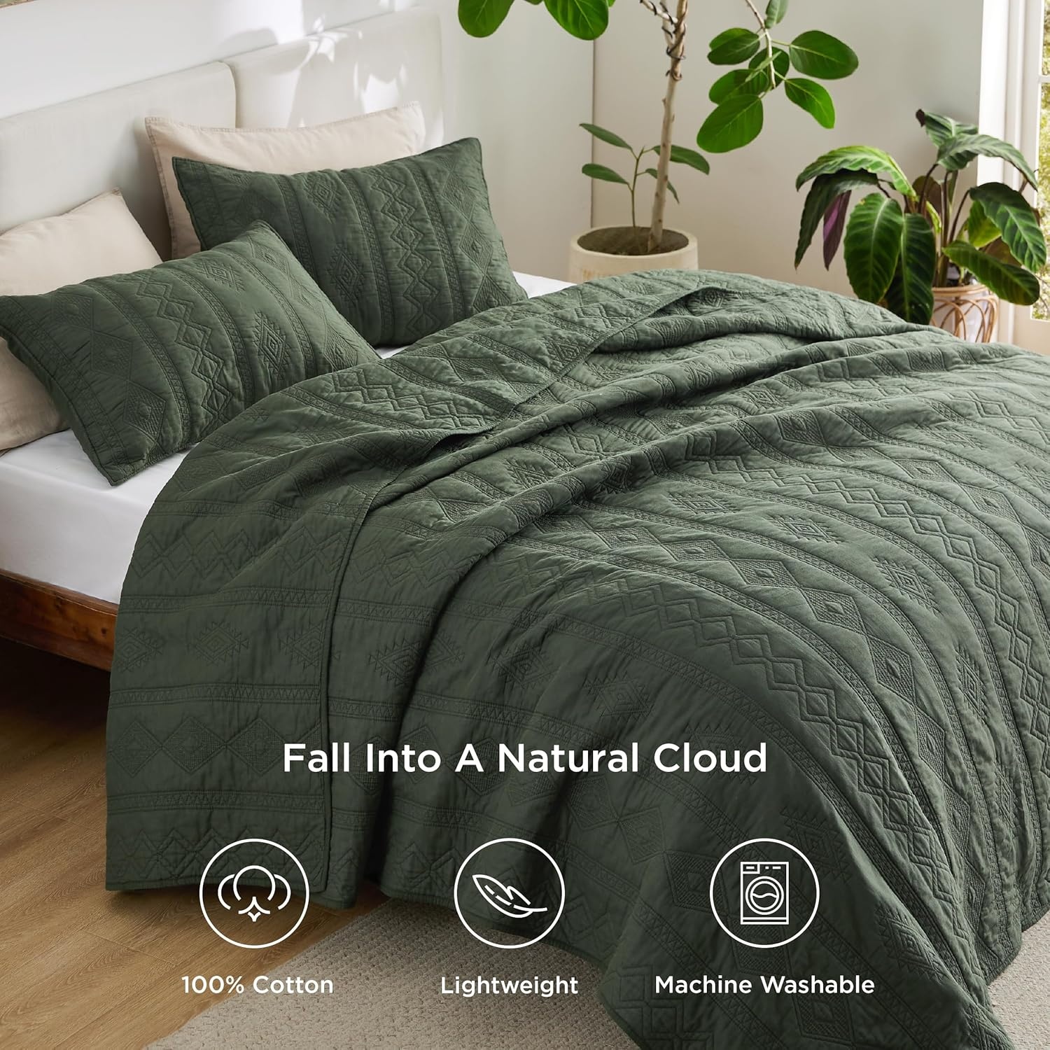 image:imageBedsure PureWoven 100 Cotton Quilt Set King Bedspread Dusty Blue Lightweight Breathable Coverlet amp 2 Pillow Shams 3Piece Geometric Bedding Set AllSeason Machine Washable 106x96 in01 Olive Green Tribal Geometry
