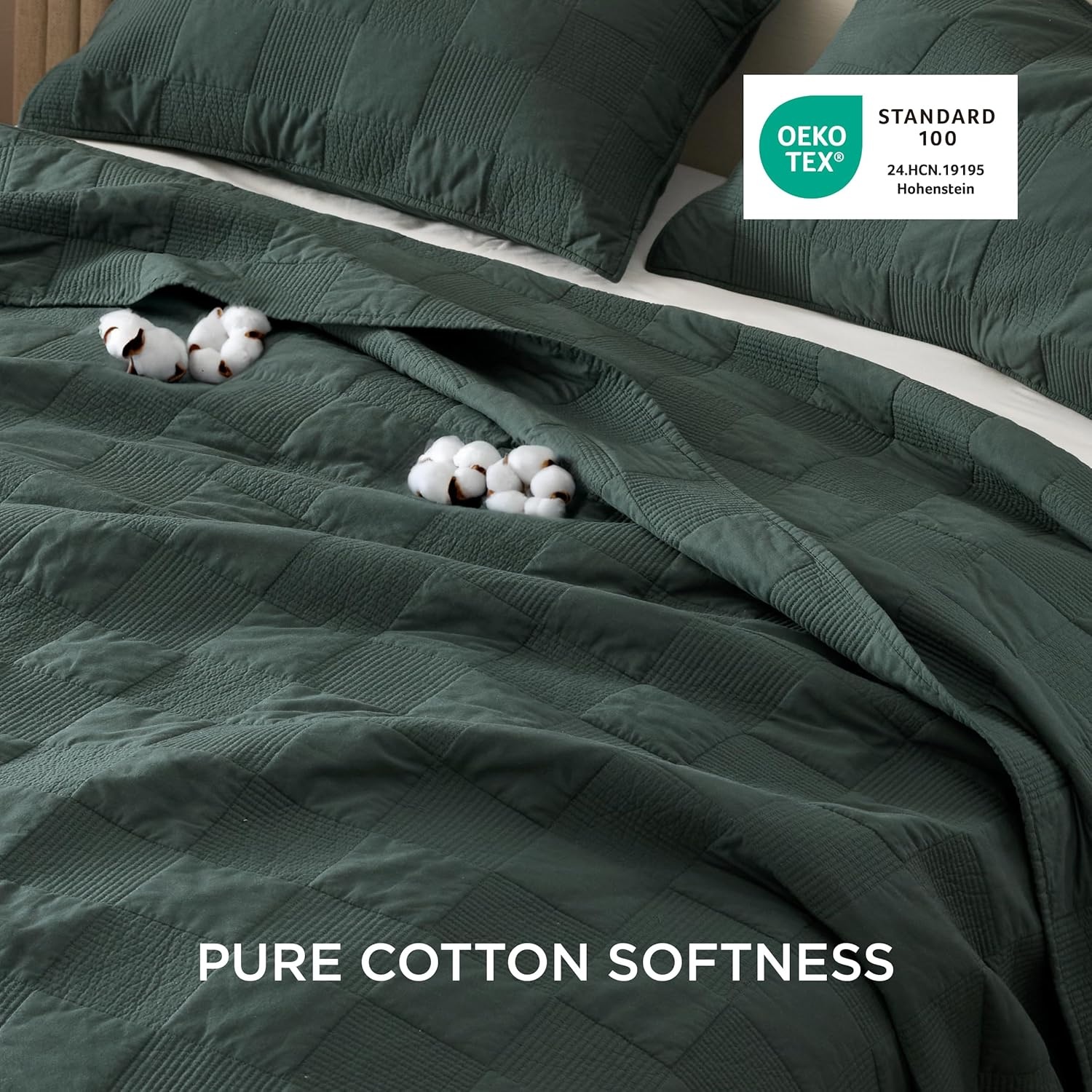 image:imageBedsure PureWoven 100 Cotton Quilt Set King Bedspread Dusty Blue Lightweight Breathable Coverlet amp 2 Pillow Shams 3Piece Geometric Bedding Set AllSeason Machine Washable 106x96 in11 Dark Green Checker