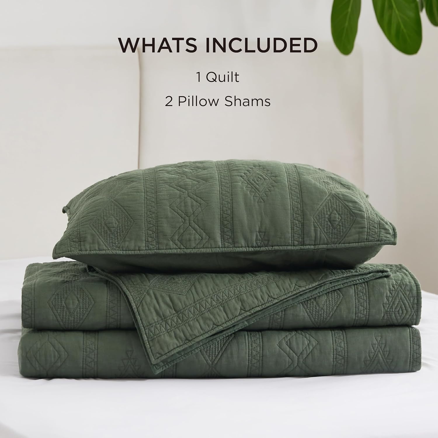 image:imageBedsure PureWoven 100 Cotton Quilt Set King Bedspread Dusty Blue Lightweight Breathable Coverlet amp 2 Pillow Shams 3Piece Geometric Bedding Set AllSeason Machine Washable 106x96 in01 Olive Green Tribal Geometry