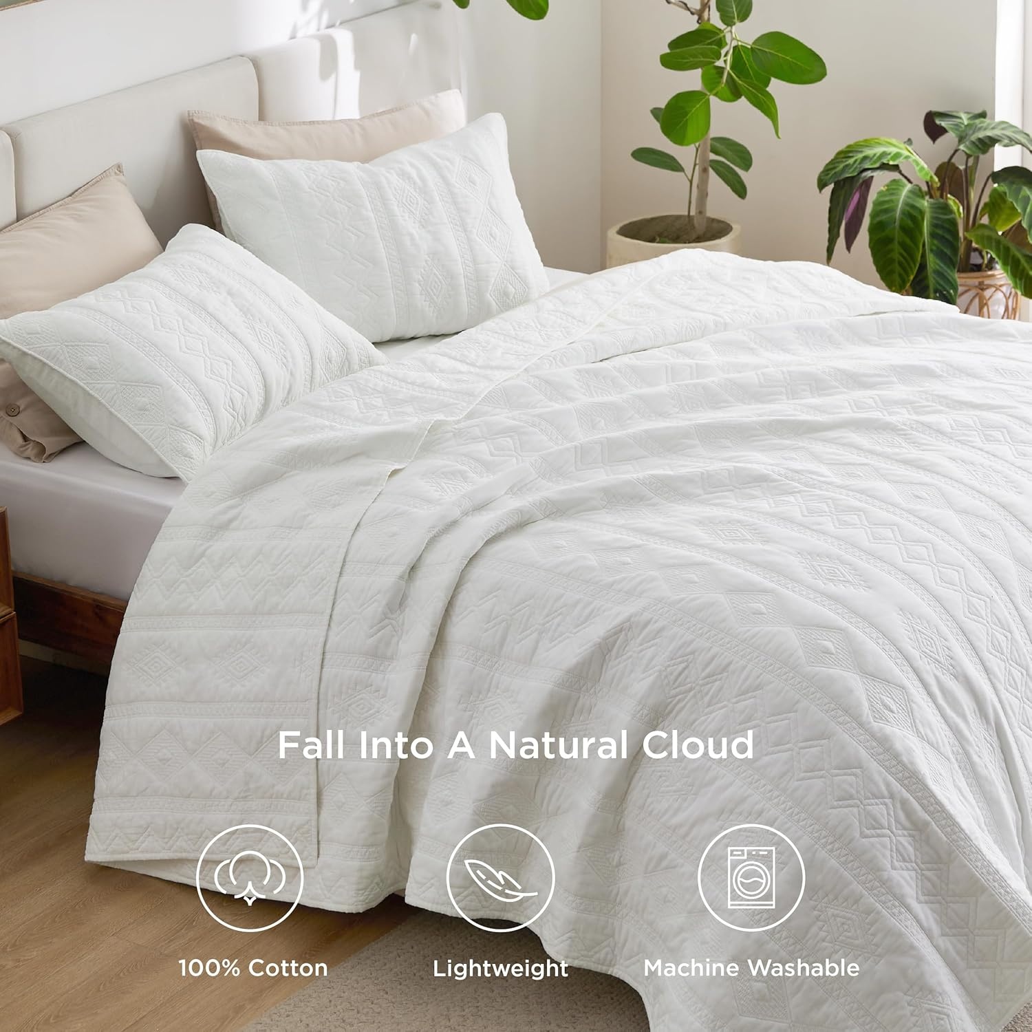 image:imageBedsure PureWoven 100 Cotton Quilt Set King Bedspread Dusty Blue Lightweight Breathable Coverlet amp 2 Pillow Shams 3Piece Geometric Bedding Set AllSeason Machine Washable 106x96 in02 White Tribal Geometry